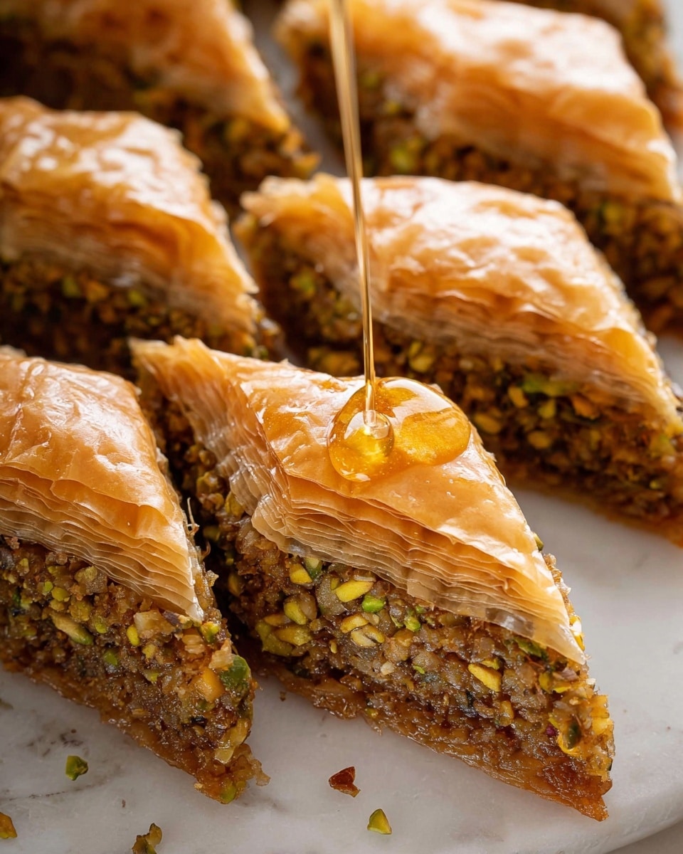 The image shows a close-up of several pieces of baklava neatly arranged on a white marbled surface. Each piece is triangular with multiple thin, golden-brown flaky layers of pastry on top. Below the pastry layers, a thick, dense filling of finely chopped nuts in shades of light brown, yellow, and green is visible. A clear, golden honey is being drizzled over one piece, pooling slightly at its base. The texture of the baklava looks crisp and shiny from the honey glaze. Photo taken with an iphone --ar 4:5 --v 7