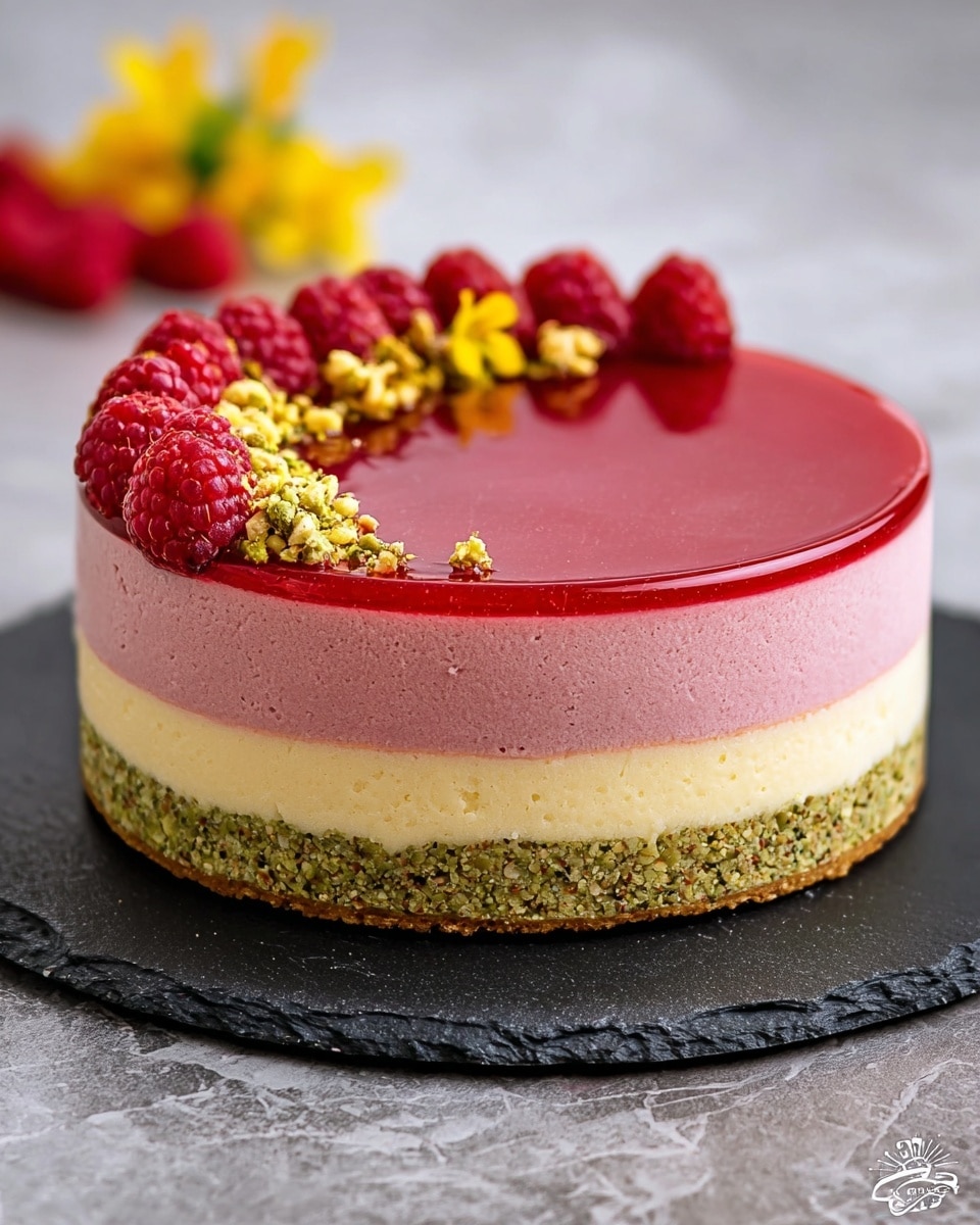A round dessert with four visible layers sits on a round black slate plate against a white marbled texture. The bottom layer is a coarse-textured greenish crust, topped by a smooth pink layer, then a light yellow creamy layer, and finally a bright, shiny red jelly layer on top. The cake is decorated with a line of fresh raspberries, small greenish-brown nut pieces, and small yellow flowers on one side of the top. Scattered fresh raspberries and yellow flowers are blurred in the background. Photo taken with an iphone --ar 4:5 --v 7