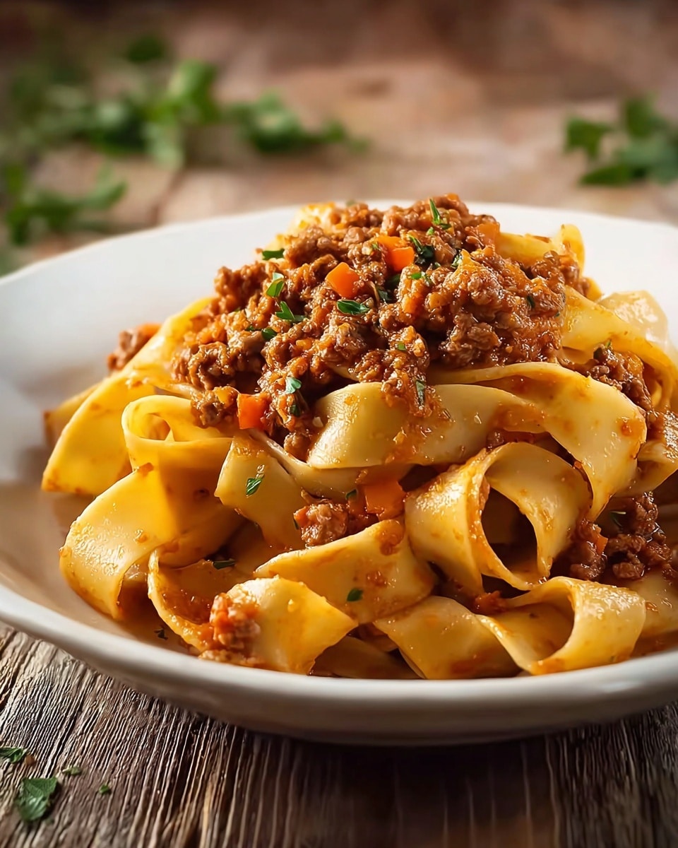 A white plate holds a single serving of wide, flat pasta ribbons with a light yellow color and smooth texture, mixed with a rich brown meat sauce made of finely ground beef and small diced orange carrots. The pasta is intertwined with the sauce, creating a layered look where the meat and vegetable bits cling to the pasta. Small green herb pieces are scattered on top, adding a touch of color. The plate sits on a white marbled surface, and the pasta has a slightly glossy appearance from the sauce. photo taken with an iphone --ar 4:5 --v 7