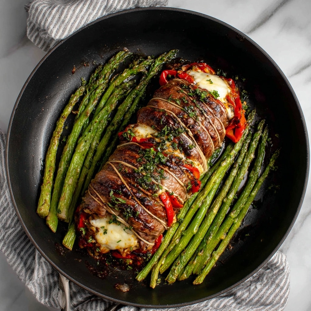A cooked flank steak is tied with string in the middle, stuffed with visible layers of white melted cheese, red roasted bell peppers, and green herbs, sitting in the center of a black skillet. The steak has a browned, slightly charred surface with some blackened bits of herbs on top. Surrounding the steak, there are bright green asparagus spears arranged neatly on both sides inside the skillet. The skillet rests on a white and gray striped cloth over a white marbled surface. Photo taken with an iphone --ar 4:5 --v 7