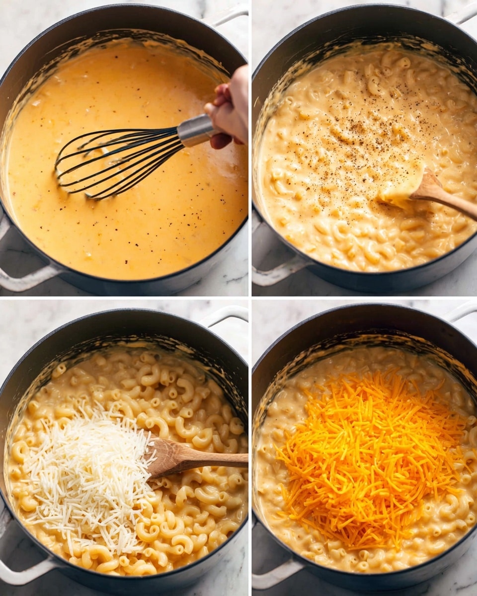 The collage shows four close-up images inside a black pot on a white marbled surface, capturing stages of creamy macaroni and cheese preparation. The first image shows a smooth, orange-yellow cheese sauce with specks of black pepper, being whisked by a woman's hand holding a black whisk. The second image reveals soft elbow macaroni mixed into the sauce, with a wooden spoon stirring the glossy, thick mix. The third image adds a layer of shredded white cheese on top of the macaroni sauce, partially stirred with the wooden spoon. The fourth image shows a layer of shredded bright orange cheddar cheese added last on top, resting on the creamy pasta while the wooden spoon stirs near the edge. photo taken with an iphone --ar 4:5 --v 7