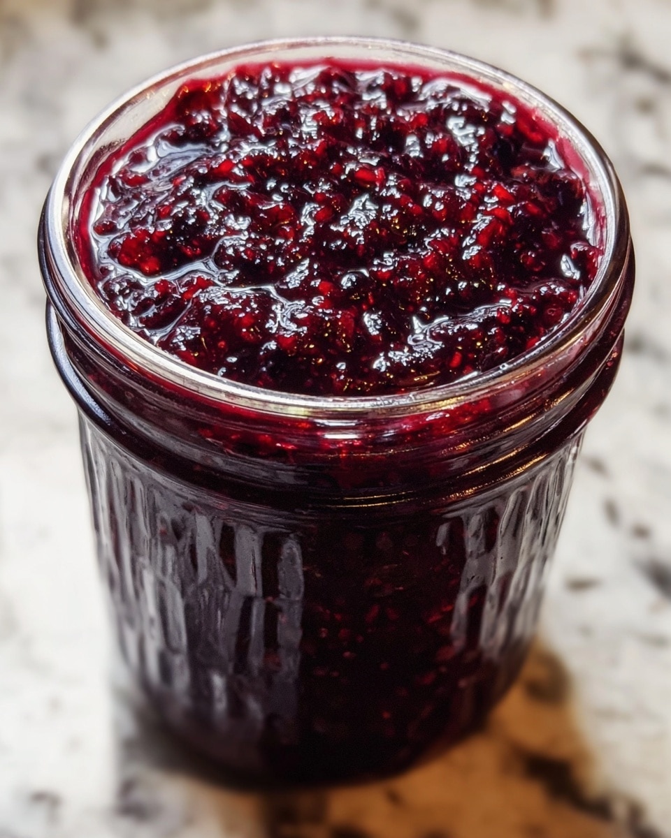 A close-up image of a glass jar filled to the top with dark red mixed berry jam, showing a thick, chunky texture with visible pieces of berries suspended in a glossy, syrupy base. The jar has a clear glass body with ridges and is placed on a white marbled surface, highlighting the rich color and texture contrast of the jam inside. The light reflects off the jam's shiny surface, making the deep purple and red colors look vibrant and inviting. Photo taken with an iphone --ar 4:5 --v 7