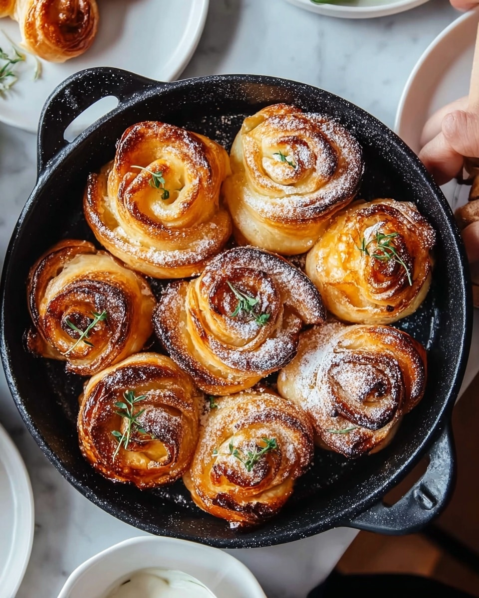 A round black cast iron pan holds nine golden-brown pastries shaped like swirling rose flowers with layers of flaky, crisp dough visible. Each pastry is dusted lightly with powdered sugar, adding contrast to the golden and darker caramelized edges. Small green herb sprigs are placed on a few pastries for a fresh touch. Some pastries show visible layers of thin, golden dough in spiral shapes, with slightly glossy paint from a glaze. The pan rests on a white marbled surface with glimpses of white dishware and a woman's hand nearby. photo taken with an iphone --ar 4:5 --v 7