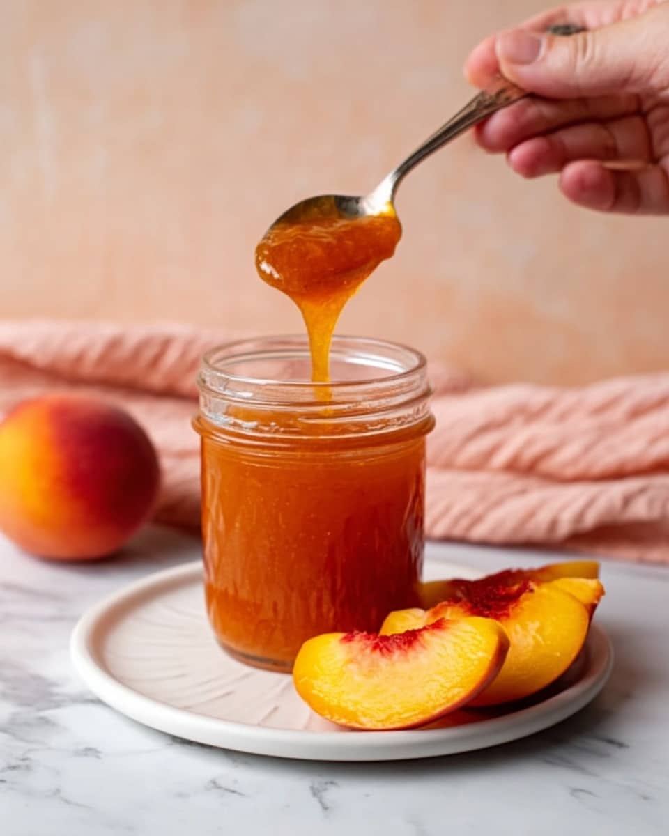 A clear glass jar filled with bright orange peach jam sits in the center of a plain white plate. Next to the jar are fresh peach slices showing soft yellow and orange colors with red centers. A woman's hand holds a silver spoon above the jar, with thick peach jam dripping from the spoon. The background is a white marbled surface and soft peach-colored fabric blurred in the back. Photo taken with an iphone --ar 4:5 --v 7