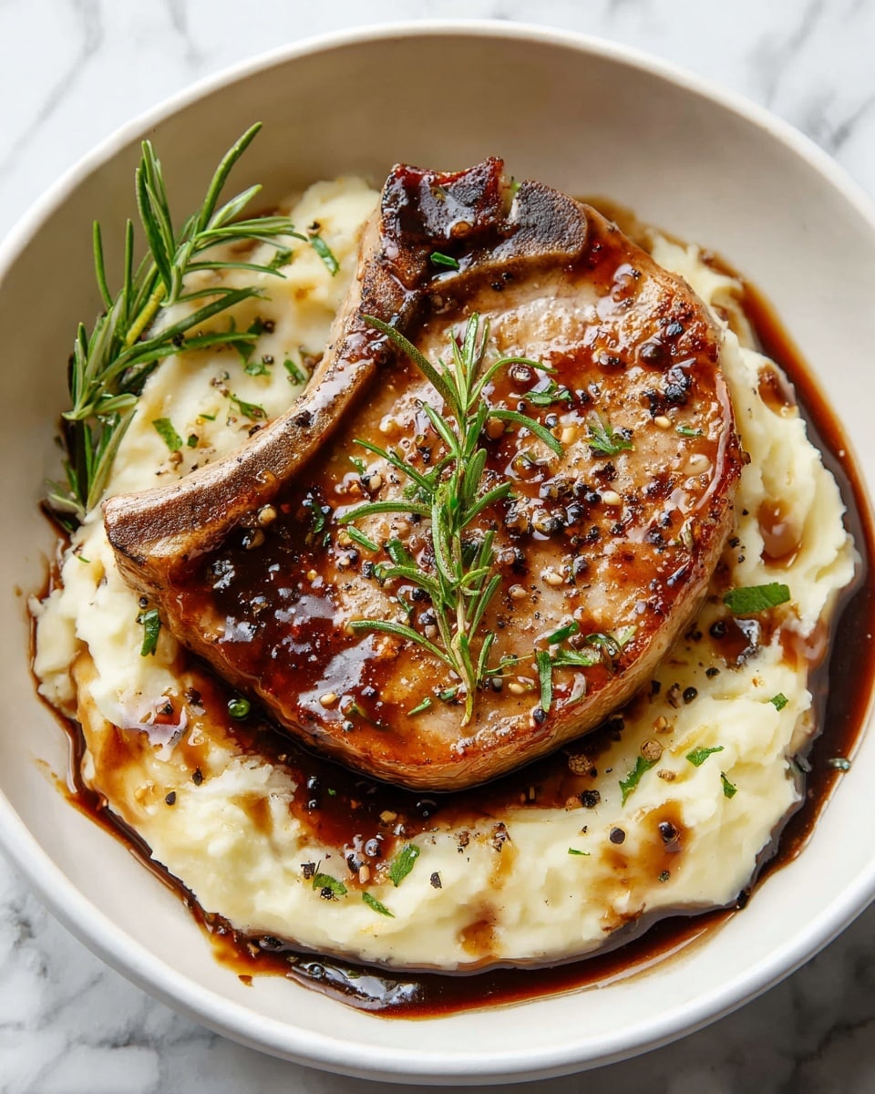 A white bowl on a white marbled surface holds a dish with two layers; the bottom layer is creamy mashed potatoes with a smooth, pale yellow texture, spread evenly along the bowl’s base. On top rests a thick, juicy pork chop with a golden-brown sear and a glaze of glossy, dark brown sauce dripping lightly over the edges. Small sprigs of fresh green rosemary are scattered on both the mashed potatoes and pork chop, adding bright green accents. Specks of dark pepper and bits of sauce are around the edges, enhancing the rustic look. Photo taken with an iphone --ar 4:5 --v 7
