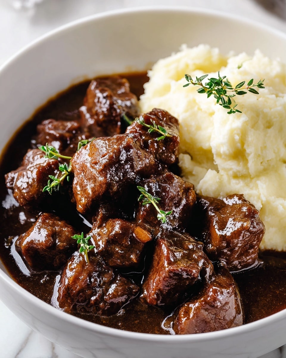 A white bowl filled with a dish of tender beef chunks covered in thick, dark brown gravy, served alongside creamy mashed potatoes on one side. The beef pieces are rich and glossy, with a few sprigs of fresh green herbs on top for garnish. The mashed potatoes have a smooth, fluffy texture and creamy white color, slightly touching the beef and sauce, creating a warm and hearty look. The bowl sits on a white marbled surface. Photo taken with an iphone --ar 4:5 --v 7