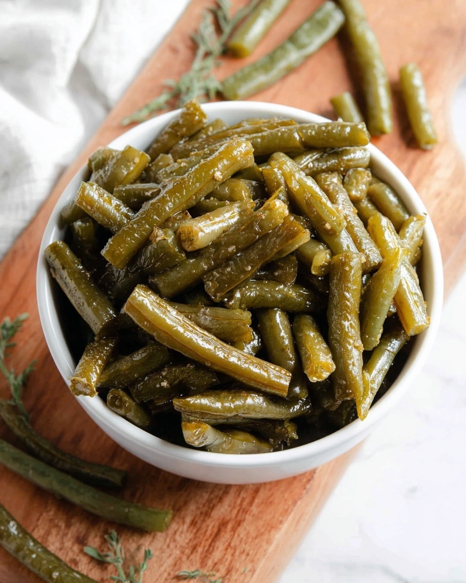 A close-up view of cooked green beans served in a white bowl, piled high with a glossy texture that shows a light coating of oil or seasoning. The green beans are cut into medium-sized pieces, showing a slightly wrinkled surface and a mix of dark and olive green colors. The bowl sits on a wooden board with a few green beans placed casually around it. The background features a white marbled surface with part of a white cloth visible, adding to the simple and rustic presentation. photo taken with an iphone --ar 4:5 --v 7
