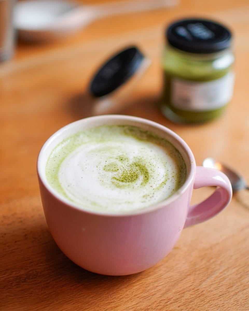 A large white ceramic mug filled with a frothy coconut matcha latte showing a pale, creamy layer with light green matcha swirl on top, placed on a white marbled surface. Next to it is an open glass jar containing vibrant green matcha powder with a metal spoon inside. The jar is positioned in front of the mug, closer to the camera. The textures include the smooth foam on the drink and the fine powder in the jar. photo taken with an iphone --ar 4:5 --v 7