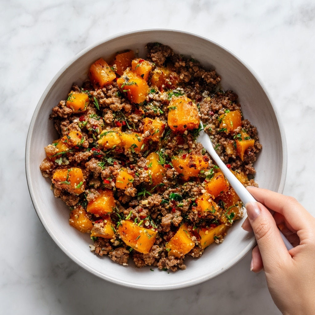 A close-up view of cooked ground beef mixed with bright orange cubed butternut squash, all coated in a slightly glossy, spiced seasoning. Small bits of translucent cooked onion and chopped green herbs are scattered evenly throughout the dish. The ingredients are stirred together in a dark textured pan, and a light-colored wooden spoon is partially visible on the right side, gently mixing the food. The surface beneath the pan is a clean white marbled texture. photo taken with an iphone --ar 4:5 --v 7