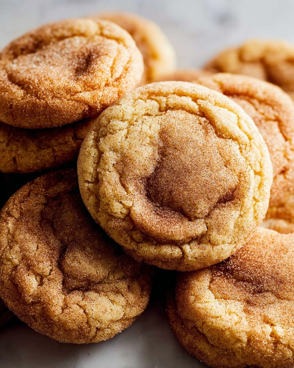 A stack of soft, round cookies with a light brown color, each cookie showing a slightly cracked and wrinkled surface dusted with granulated sugar crystals. The edges are a bit darker and crinkled, giving a textured look that contrasts with the smoother, sugar-coated tops. The cookies are layered closely on top of each other, set against a white marbled texture background. Photo taken with an iphone --ar 4:5 --v 7