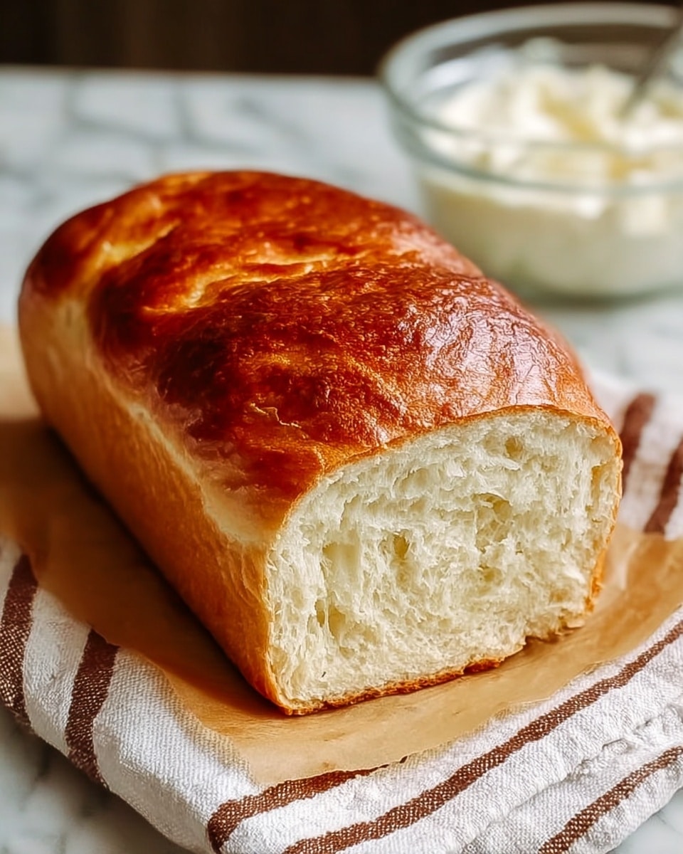 A loaf of bread with a shiny golden brown top crust and a soft, white, airy inside is cut to show its texture. The bread rests on a piece of parchment paper, which is placed on a white cloth with brown stripes. In the background, there is a clear glass bowl with a creamy white mixture. The setting is on a white marbled surface, giving a clean and bright look. photo taken with an iphone --ar 4:5 --v 7