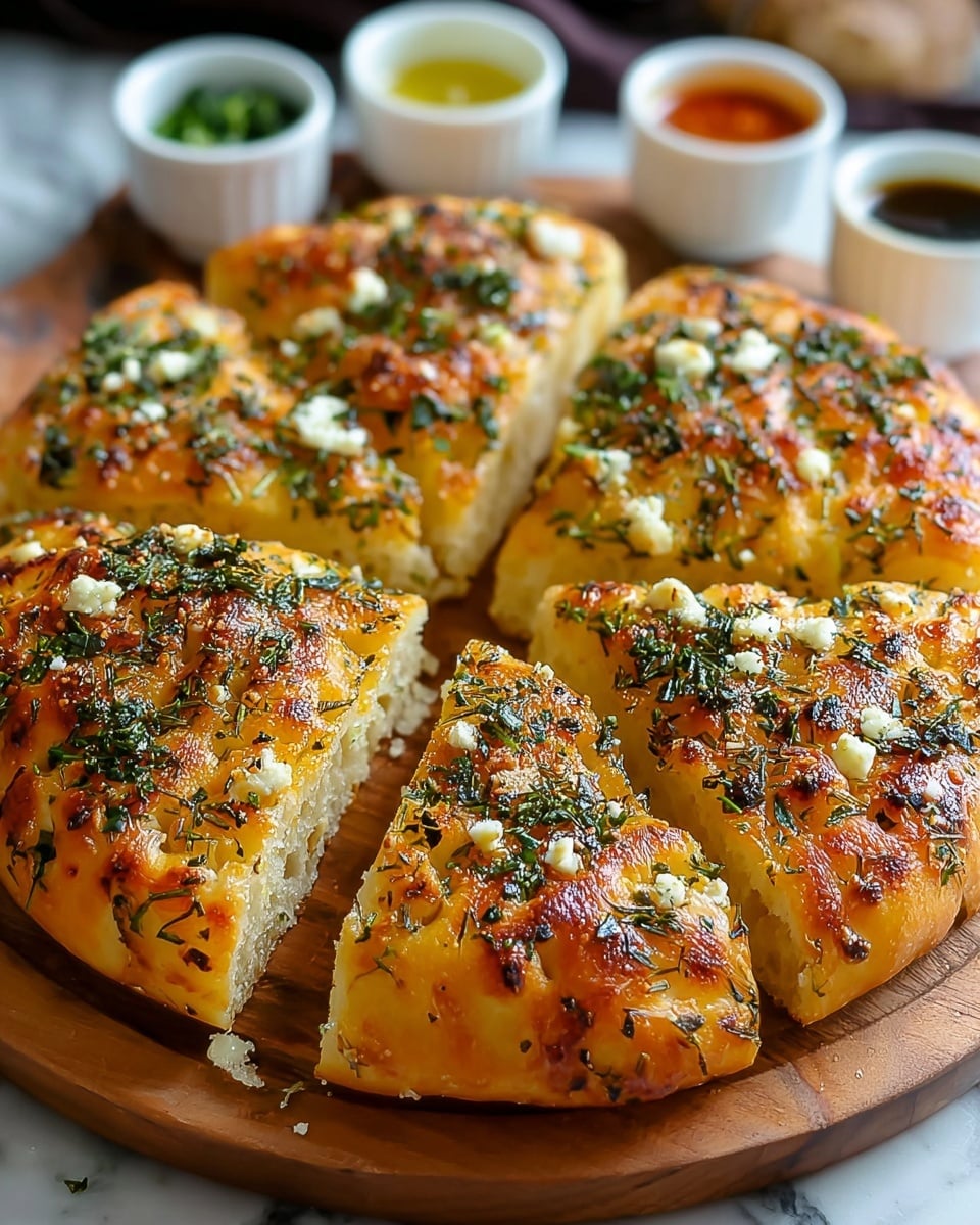 The image shows a round focaccia bread cut into six thick square pieces, arranged in a circle on a round wooden board. The bread has a golden-brown top with a slightly bubbly and crispy texture. It is topped with green chopped herbs, possibly parsley or rosemary, and small bits of white crumbled cheese. The inside of the bread looks soft and fluffy with a light yellow color. In the background, there are small white bowls with sauces or dips on a white marbled surface. The photo taken with an iphone --ar 4:5 --v 7