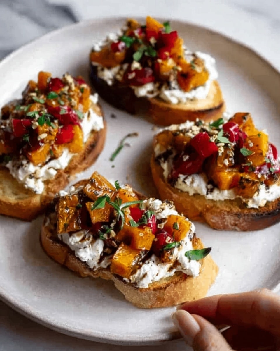 The image shows four pieces of toasted bread, each topped with thick white cheese spread, diced red and orange roasted vegetables, and small green herbs sprinkled on top. The bread has a golden brown toasted crust and the toppings create a colorful mix of white, red, orange, and green. The toasts are arranged on a white plate placed on a white marbled surface. A woman's hand is reaching toward one of the toasts. Photo taken with an iphone --ar 4:5 --v 7