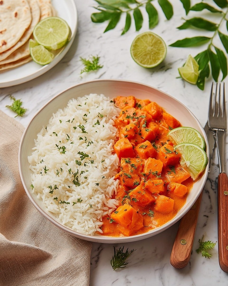 A white bowl sits on a white marbled surface, divided into two main layers: one half filled with plain white rice showing soft, fluffy grains, and the other half holding a bright orange curry with chunky pieces of cooked vegetables, possibly sweet potato or carrot, coated in a creamy sauce and sprinkled with small bits of chopped green herbs. Two lime wedges rest on the rice side of the bowl, adding a fresh green contrast. In the background, folded white tortillas are arranged on a white plate, partially visible, along with silver fork and knife with wooden handles placed beside the bowl on the white marbled surface. Small pieces of chopped herbs and scattered lime wedges add a casual, fresh touch to the setting. photo taken with an iphone --ar 4:5 --v 7