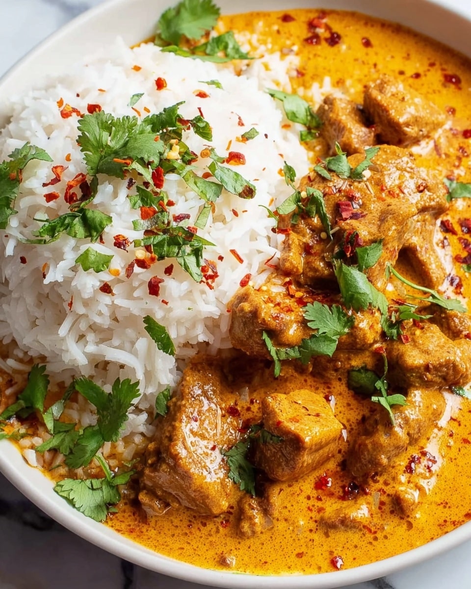 The image shows a white plate with tender chicken pieces covered in a thick, rich orange-yellow curry sauce with visible spices and small chili flakes scattered on top. Next to the chicken is a generous serving of fluffy white rice with some red chili flakes sprinkled over it and a few green cilantro leaves for garnish. Fresh cilantro leaves are also spread over the chicken, adding bright green contrast to the dish. The plate sits on a white marbled surface. Photo taken with an iphone --ar 4:5 --v 7