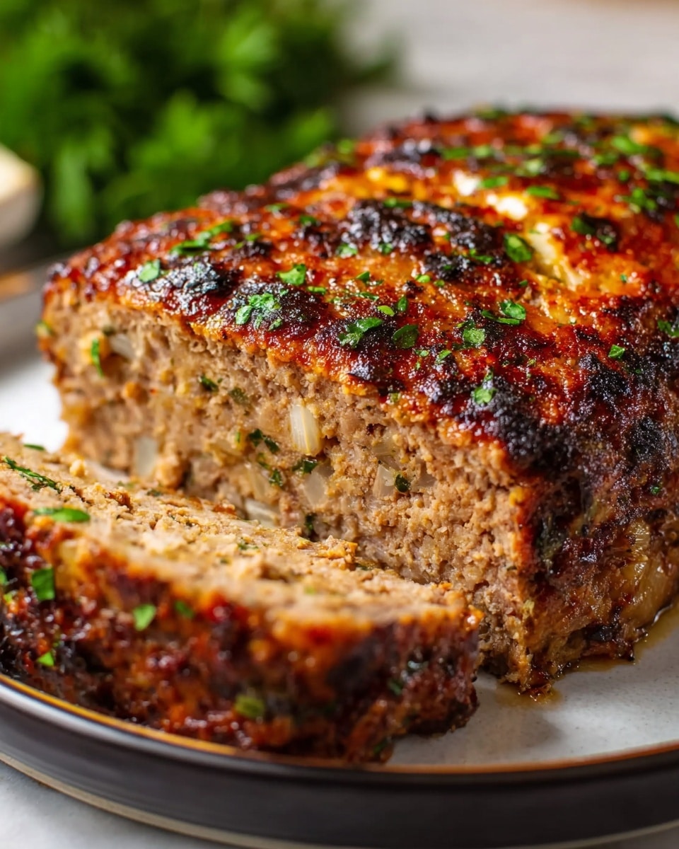 A thick, rectangular piece of grilled meat with a deep golden-brown crust and slight charring on the edges sits in a white plate. The meat is covered with small green flecks of fresh herbs, adding bright green color on top. The texture looks juicy and crisp on the outside, with visible seasoning and a slight shine from cooking juices. The background shows a soft, blurred glimpse of more green herbs, all set against a white marbled surface. photo taken with an iphone --ar 4:5 --v 7