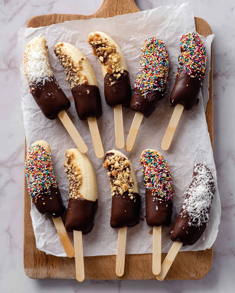 This image shows a wooden board with white parchment paper on top, holding eleven banana slices dipped halfway in dark chocolate. Each banana slice is on a wooden stick, like a popsicle. The chocolate layer is smooth and dark brown, covering about two-thirds of each banana, with the top third showing the pale yellow banana peel. Different toppings decorate the chocolate: some have crushed nuts in light brown hues, some are sprinkled with white shredded coconut, while others have colorful rainbow sprinkles. The board is placed on a white marbled surface. photo taken with an iphone --ar 4:5 --v 7