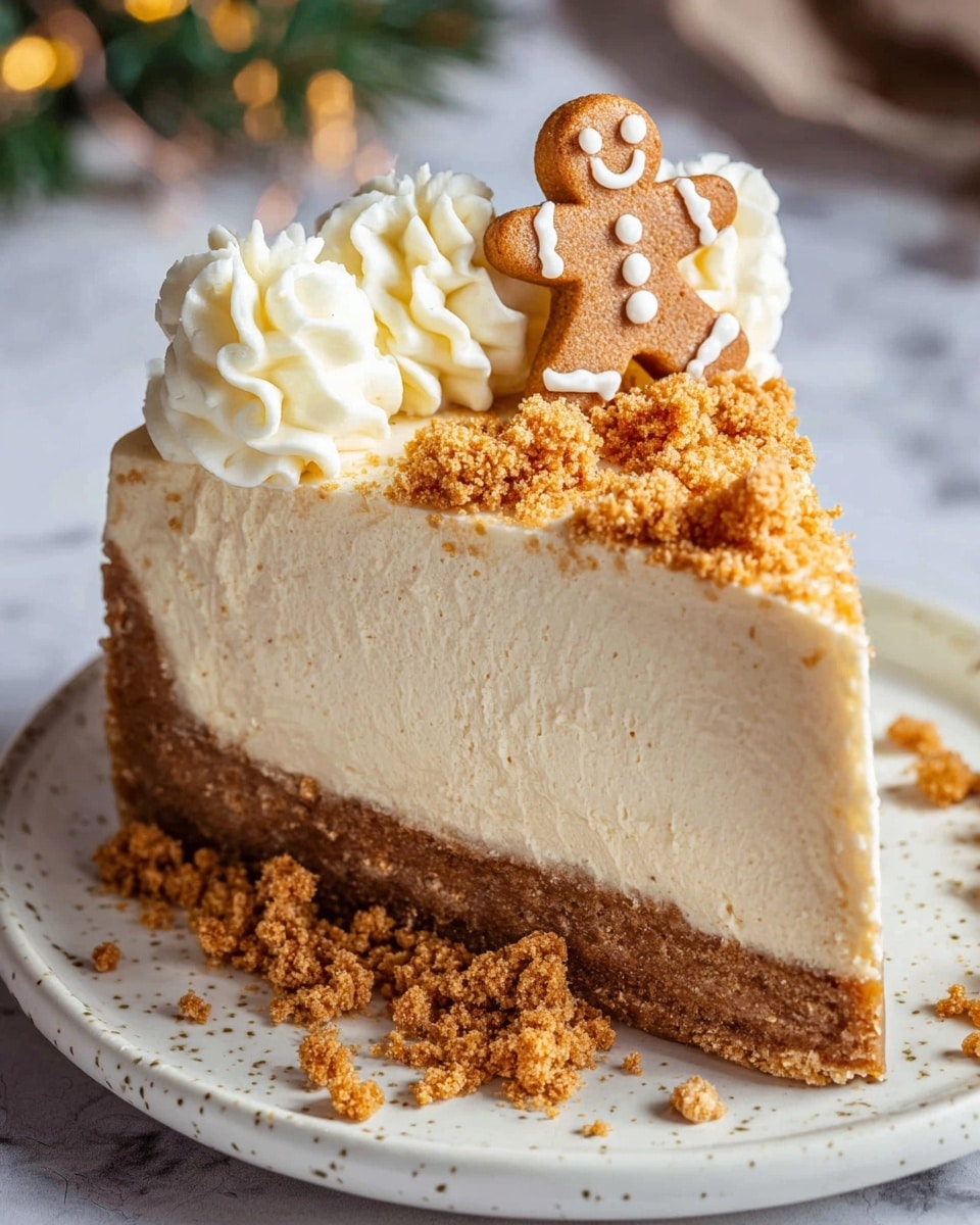 A slice of creamy, light brown mousse-like dessert with a thick crumbly brown crust on the bottom sits on a white plate with subtle speckles. The dessert has three layers: the bottom crust, the large middle mousse layer with a smooth, airy texture, and a top layer of white whipped cream swirled along the back edge. Bits of brown crumb topping are scattered on the whipped cream and the plate. A small gingerbread man cookie with white icing details stands upright in the whipped cream near the center. The plate rests on a white marbled surface with soft lighting. photo taken with an iphone --ar 4:5 --v 7