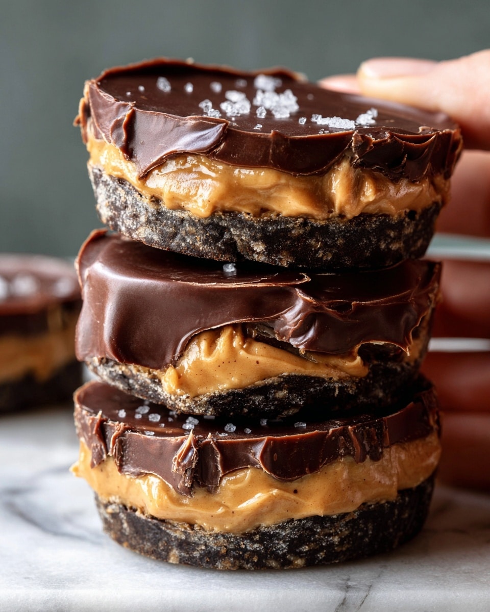 The image shows several round treats with two visible layers, placed closely together on a white marbled texture. The bottom layer is a golden brown, crumbly base that looks slightly rough. The top layer is smooth and shiny dark chocolate, covering the entire surface evenly. On top of the chocolate, a darker chocolate drizzle creates thin, wavy lines across each round treat. A few small, clear salt crystals are scattered on the chocolate, adding brightness and texture. The photo focuses tightly on the treats, showing their rich textures and slight shine, with some parts in soft focus. Photo taken with an iphone --ar 4:5 --v 7