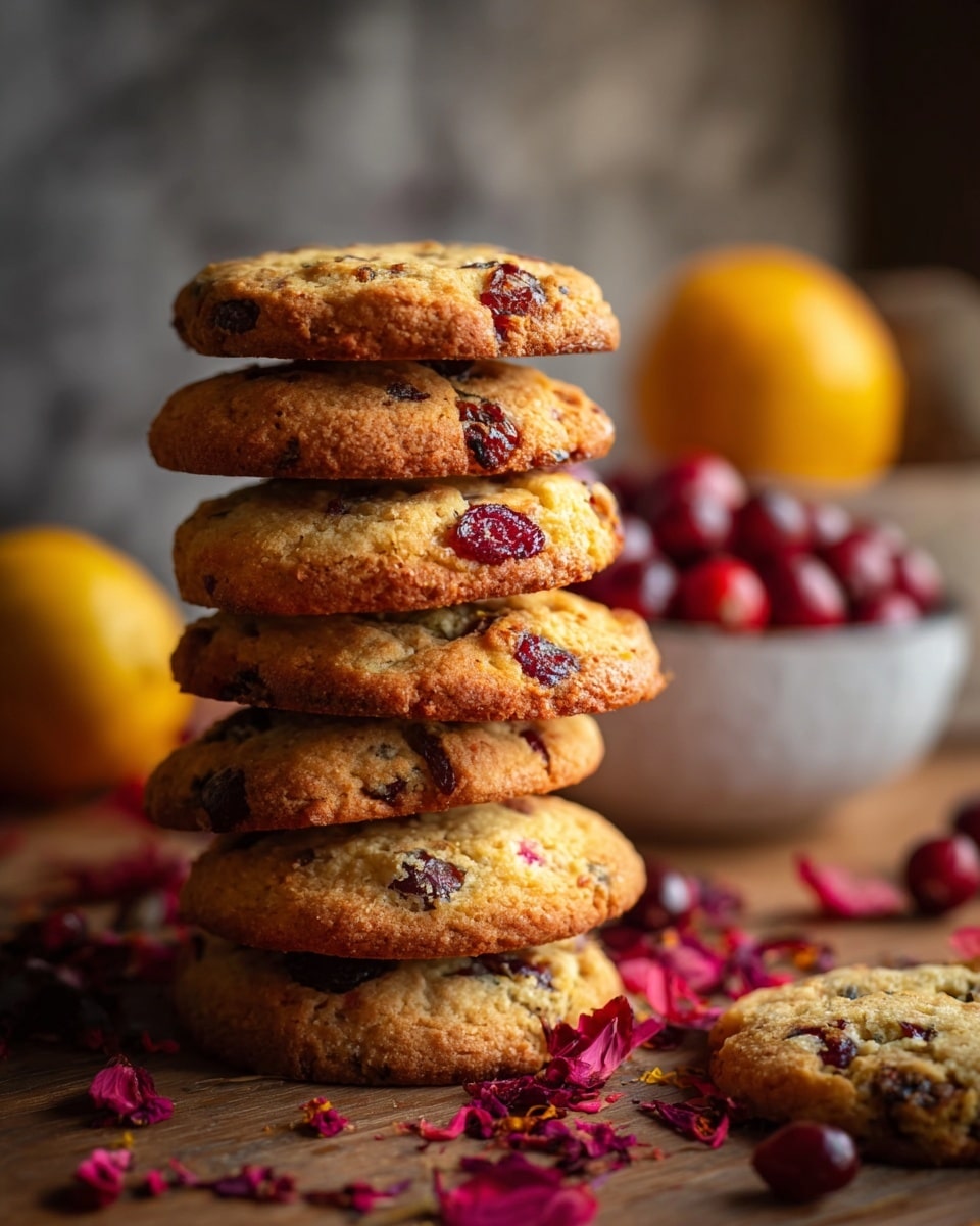 A stack of six golden brown cookies with visible chunks of red cranberries and dark raisins is centered in the image, each cookie showing a slightly different texture with crispy edges and soft centers. The cookies are arranged unevenly, leaning slightly to one side, resting on a wooden surface scattered with loose fresh cranberries and red dried flower petals. In the blurred background, there is a white bowl filled with red cranberries and two yellow-orange fruits, all placed on a white marbled texture. The overall scene has warm lighting highlighting the texture and color of the cookies, creating a cozy and inviting feel. Photo taken with an iphone --ar 4:5 --v 7