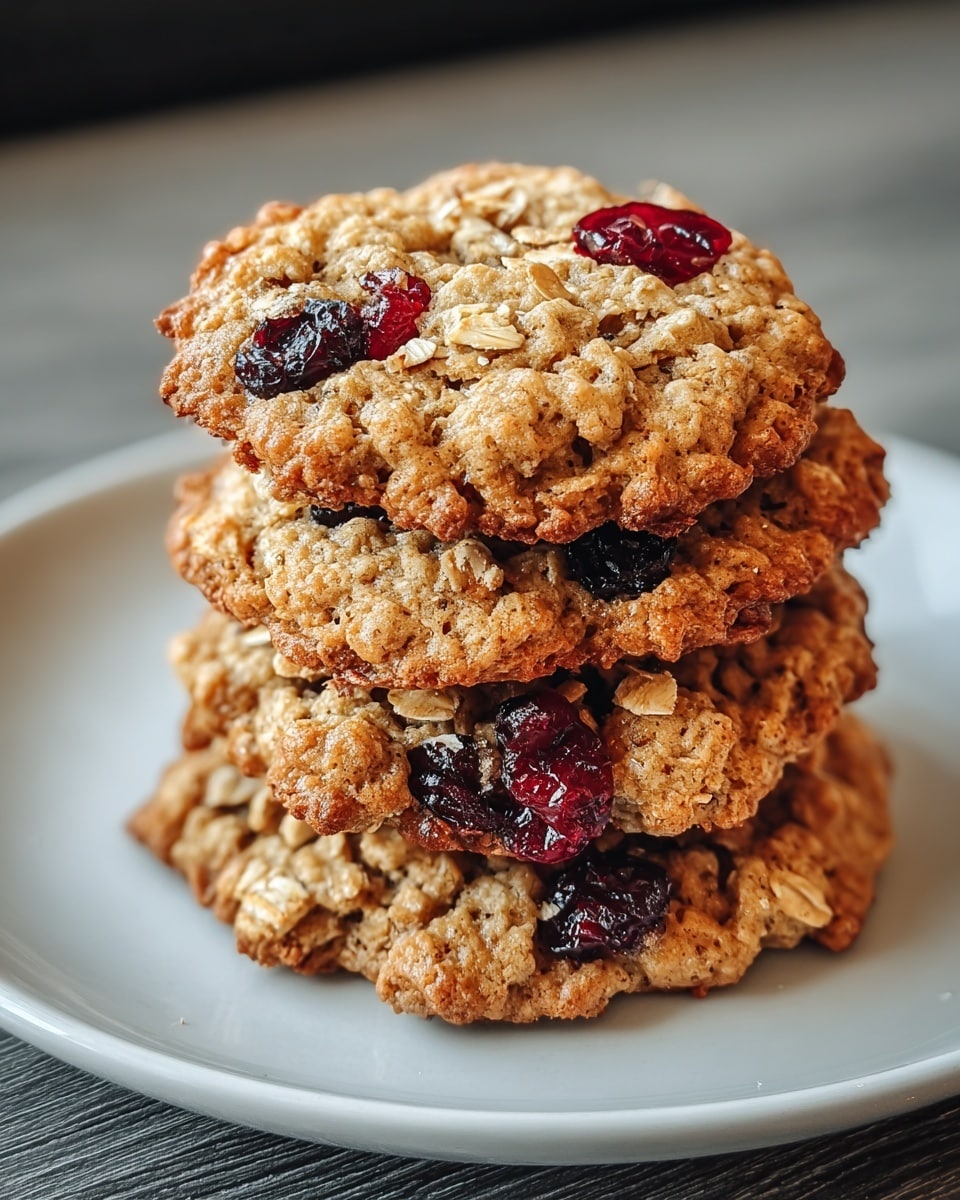 A stack of five oatmeal cookies is shown on a white plate, each cookie golden brown with a rough texture and embedded with shiny dark red cranberries. The cookies have visible oat flakes scattered on top, adding a chunky, rustic look. The plate rests on a white marbled surface with soft natural light highlighting the crumbly edges and moist spots of the fruit. Photo taken with an iphone --ar 4:5 --v 7