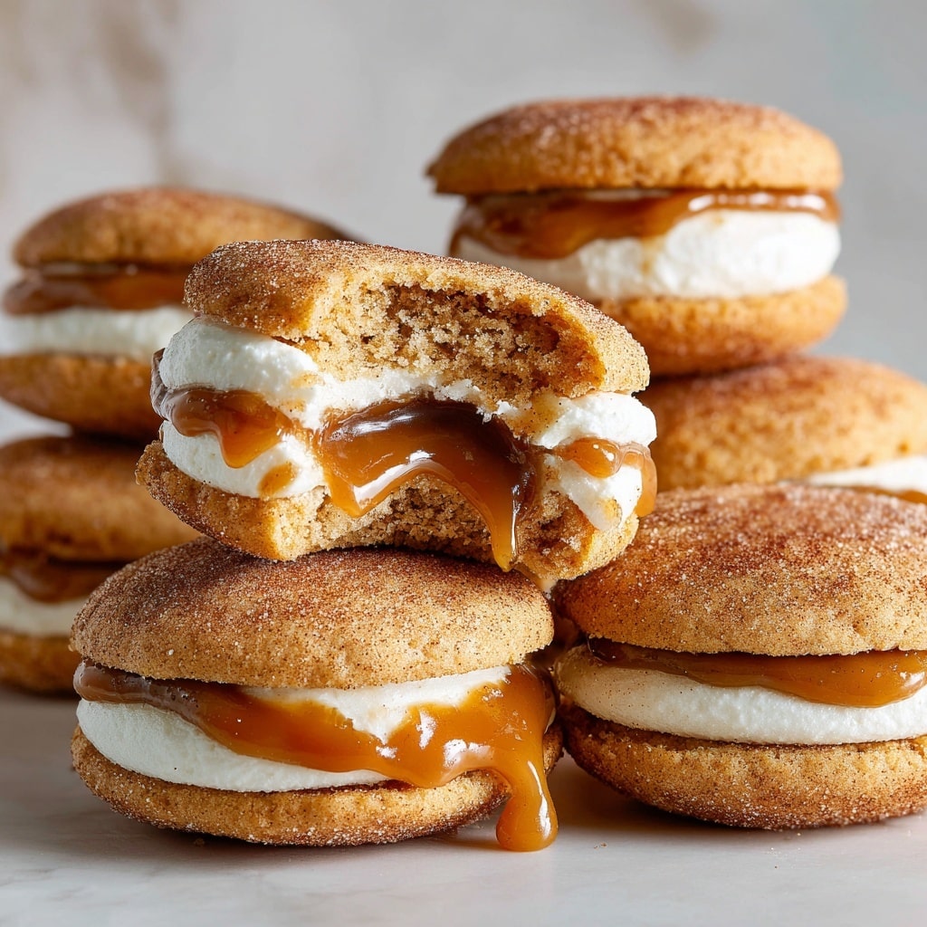 The image shows several apple cider whoopie pies stacked on a white plate, all placed on a white marbled surface. Each whoopie pie has two round, soft-looking brown cake layers with a slightly cracked top, sandwiching one thick, swirled layer of creamy light beige filling speckled with tiny dark dots, likely spices. One whoopie pie is broken in half and positioned on top of two whole pies, revealing a glossy, gooey caramel-like layer in the middle beneath the cream. The overall look is sweet and fluffy with warm autumn colors. Photo taken with an iphone --ar 4:5 --v 7