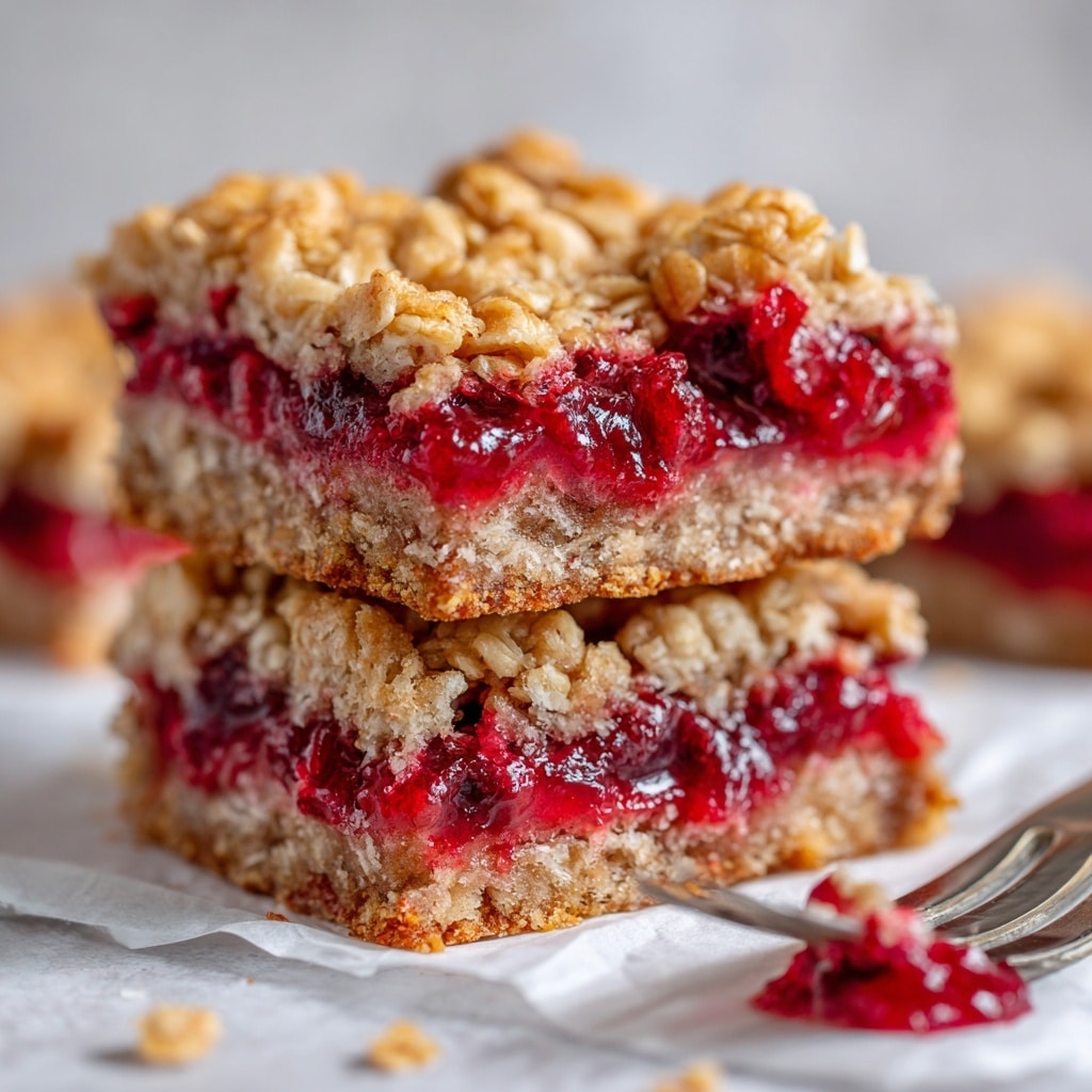 The image shows a close-up of cranberry oatmeal bars with three visible layers: a bottom layer of dense, light brown oatmeal with a coarse texture; a middle layer of bright red cranberry filling that looks thick and slightly glossy with bits of cranberry visible; and a top layer of chunky, golden-brown oatmeal clusters that look crisp and rough. The bars rest on white parchment paper over a white marbled surface. A fork with a small piece of the bar on it is slightly visible in the foreground. Photo taken with an iphone --ar 4:5 --v 7