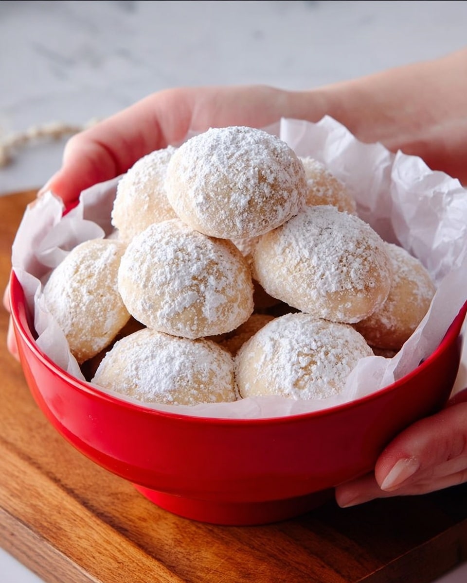 A red bowl lined with white parchment paper holds a pile of round, pale beige cookies dusted generously with white powdered sugar, creating a soft, snowy texture on top. The cookies vary slightly in size and are stacked in two visible inside layers, some resting on one another, forming a small mound. A woman's hand is seen on the left side, holding the bowl gently. The bowl sits on a wooden cutting board against a white marbled background, giving a clean yet warm look to the scene. Photo taken with an iphone --ar 4:5 --v 7