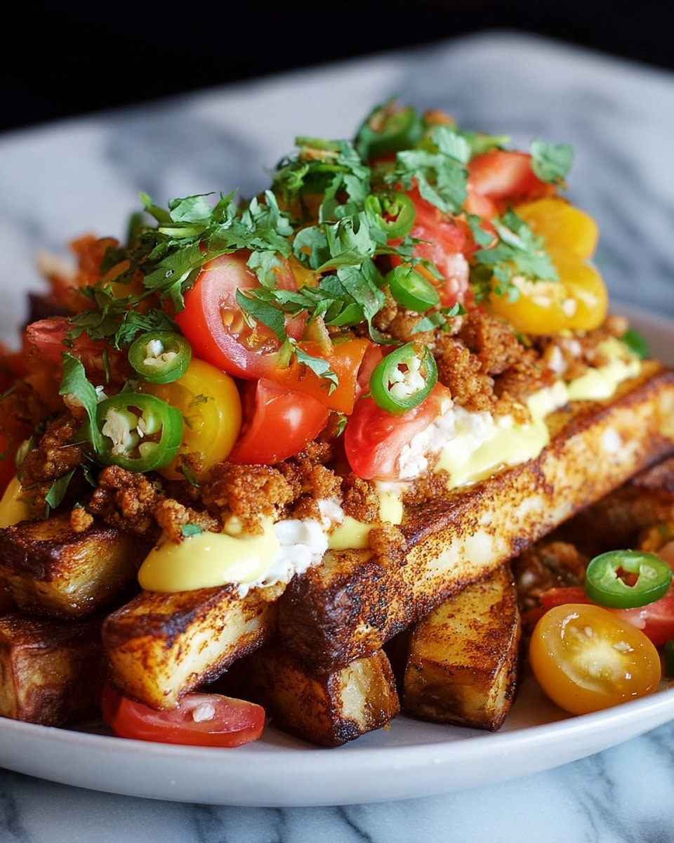 The dish shows a stack of thick, rectangular fries with a crispy, dark brown seasoned crust as the bottom layer. On top, there is a layer of a crumbly, brown meat or nut mixture adding texture. Above that is a smooth, pale yellow sauce spread evenly. The top layer has colorful chunks of red and yellow tomatoes along with bright green chopped herbs and small rings of green chili. The food is served on a white plate set on a white marbled surface. Photo taken with an iphone --ar 4:5 --v 7