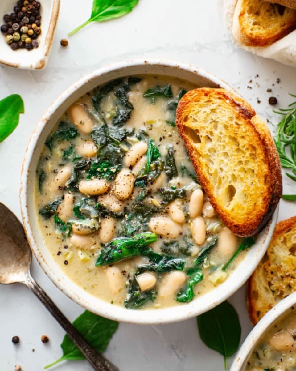 A white bowl filled with creamy white bean soup with visible whole white beans and dark green leafy pieces, topped with freshly ground black pepper. Two toasted golden brown bread slices are placed restfully on the side of the bowl. The background is a white marbled texture with a scattering of fresh green leaves and whole peppercorns. The scene feels warm and comforting. photo taken with an iphone --ar 4:5 --v 7