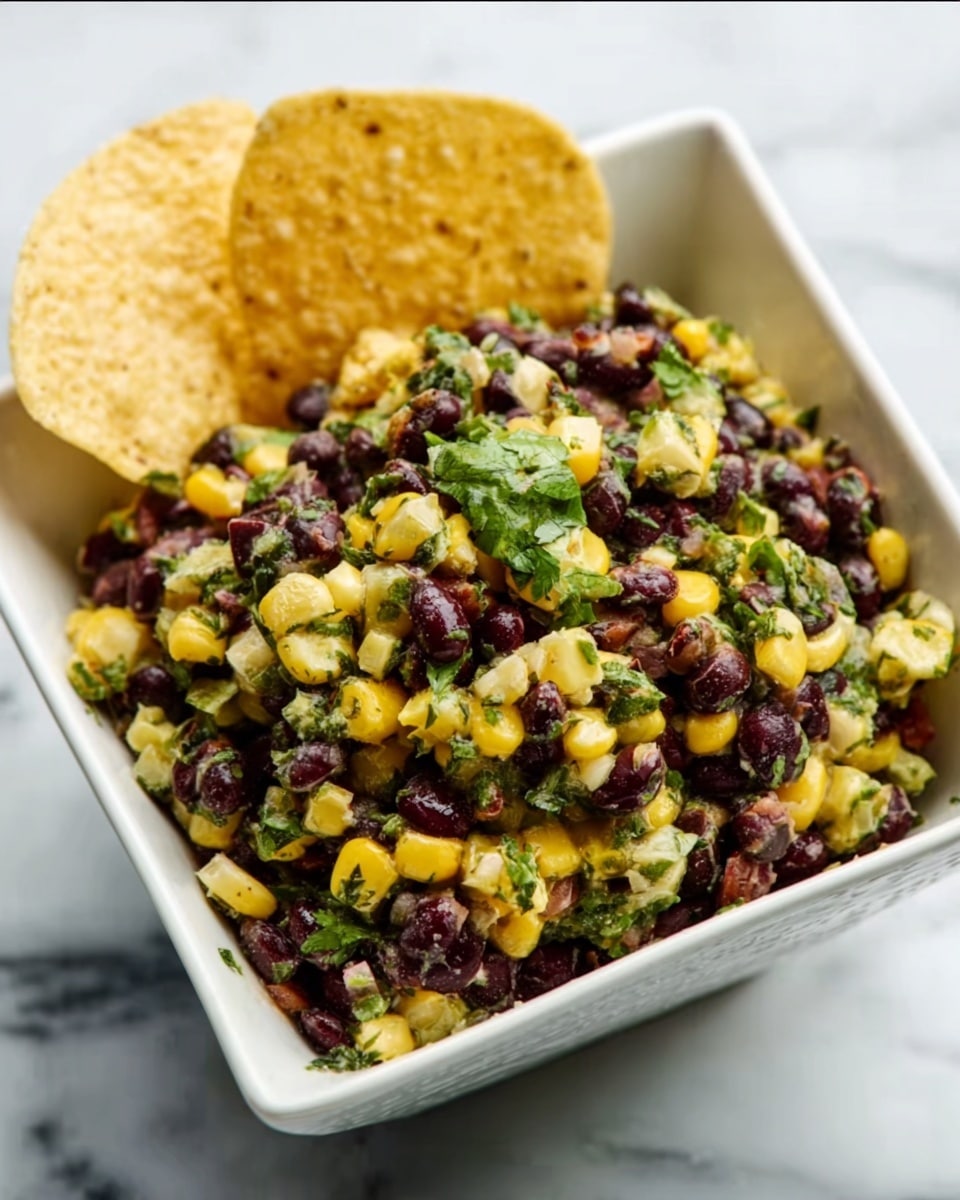 A white bowl sits on a white marbled surface, filled with three distinct layers of dip. The bottom layer is a thick, green guacamole spread evenly across the bowl. On top of this, there are two sections: one with small black beans grouped together and another with bright yellow corn kernels placed closely next to the beans. Around the bowl, there are round yellow corn tortilla chips arranged neatly, framing the bowl. Photo taken with an iphone --ar 4:5 --v 7