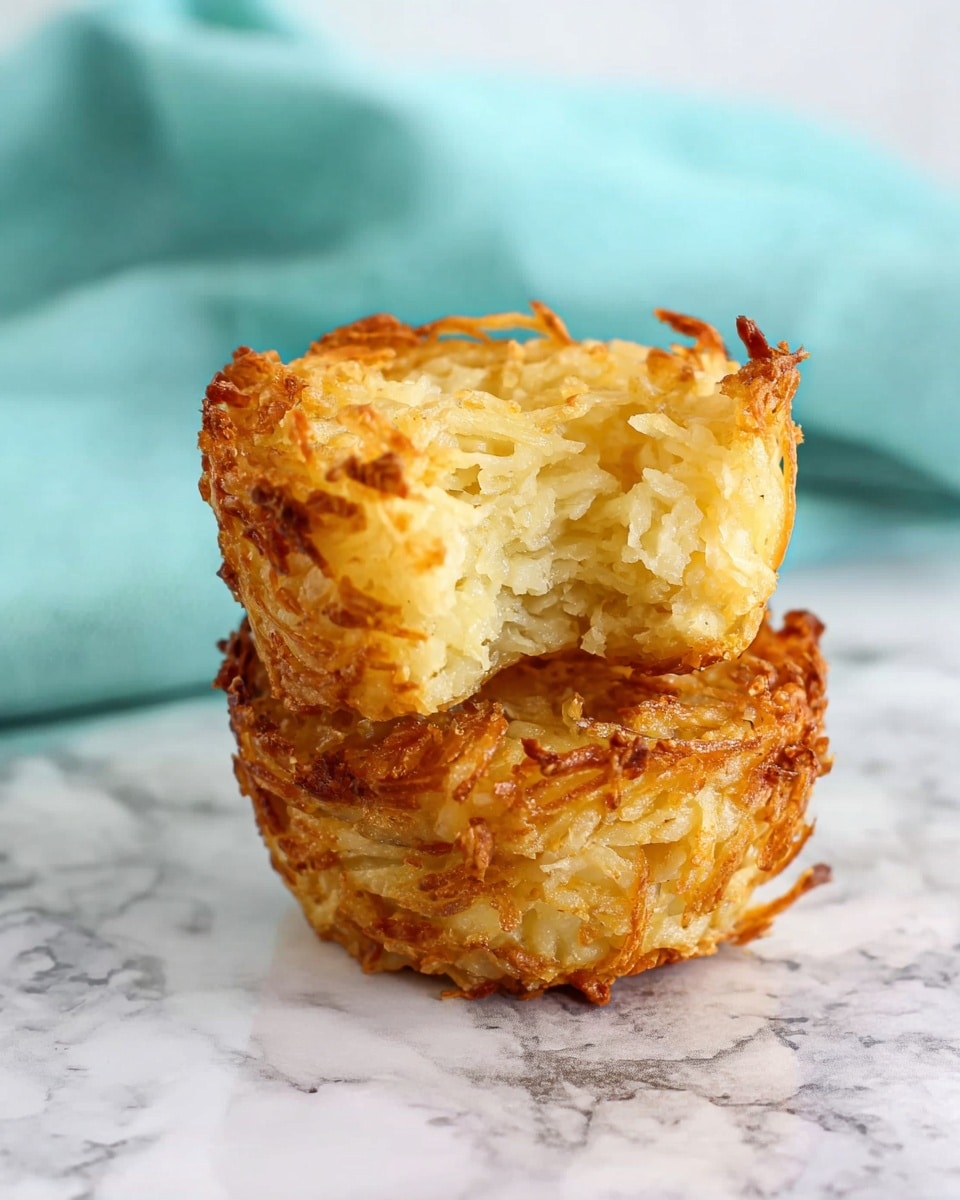 The image shows a stack of two golden-brown crispy hash brown cups on a white marbled surface. The cups are made of shredded potatoes, tightly packed and fried to a crunchy texture. The top cup has a bite taken out, revealing its soft, tender interior of lightly cooked potatoes that contrast with the crispy outside. The hash browns are a mix of light golden and darker browned edges, giving a fresh, appetizing look. In the background, there is a soft teal cloth that adds a calm color contrast without drawing attention from the crispy potato cups. photo taken with an iphone --ar 4:5 --v 7