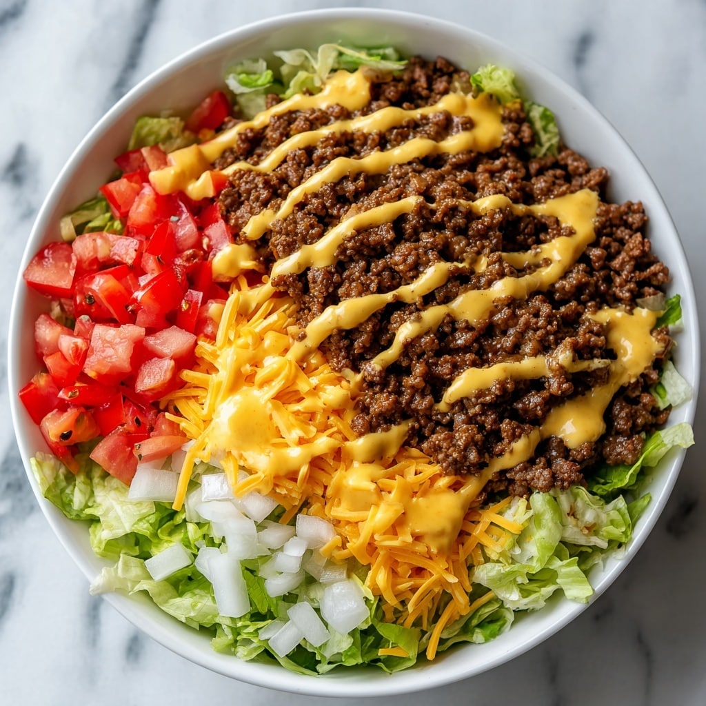 The image shows a white bowl filled with a layered cheeseburger salad. The bottom layer is light green shredded lettuce spread evenly around the bowl. On top of the lettuce, there is a large portion of browned, cooked ground beef covering the center. Around the beef, there are bright red diced tomatoes on one side and shredded yellow cheddar cheese along with small white chopped onions on the other. The beef is drizzled with thick, creamy yellow cheese sauce. The background is a white marbled texture. photo taken with an iphone --ar 4:5 --v 7
