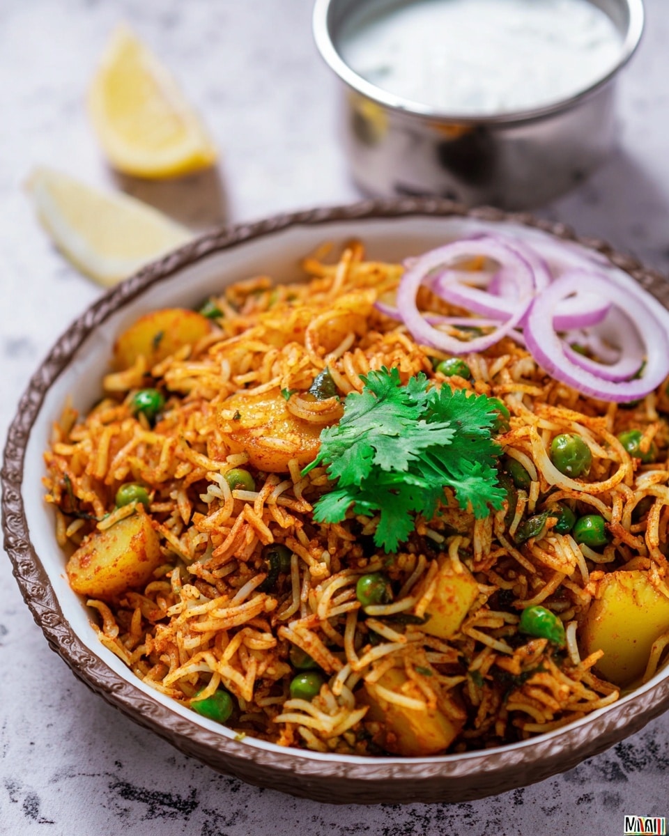 A close-up view of a dry rice dish served on a white plate with a brown textured rim, showing thin, long grains mixed with yellow potato cubes and small green peas, all coated in orange-red spices. On the right side, there are fresh bright green coriander leaves resting on top of thin, circular purple onion slices, adding a fresh garnish. Behind the rice, a small metallic bowl contains white yogurt with a creamy texture. A lemon wedge with a yellow color is placed on the left side near the bowl. The whole setting is on a white marbled textured surface. photo taken with an iphone --ar 4:5 --v 7