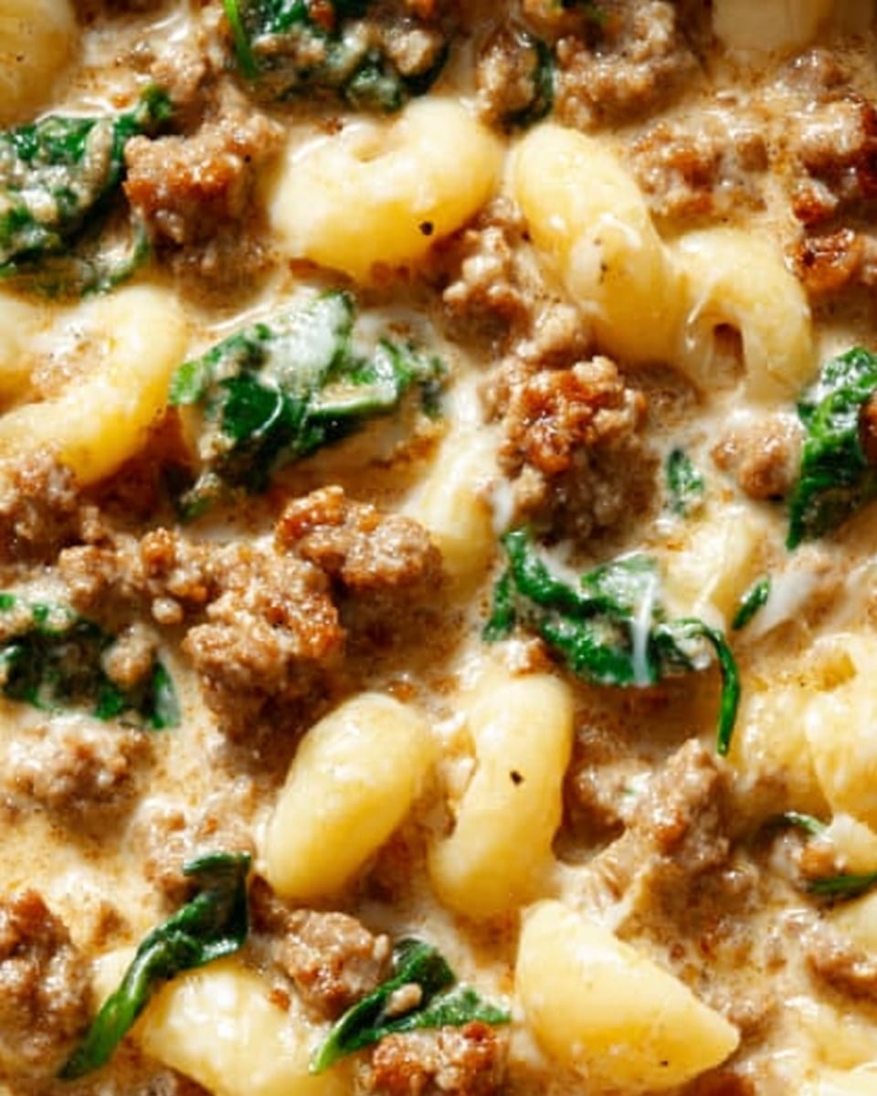 The image shows a creamy dish with small pasta pieces mixed with browned sausage bits and fresh green spinach leaves. The pasta pieces are light yellow, the sausage is cooked brown with a crumbly texture, and the spinach adds a pop of bright green. The creamy sauce is light beige and coats all the ingredients, making them look rich and smooth. The dish is seen up close, showing the steam and a soft, comforting texture. Photo taken with an iphone --ar 4:5 --v 7