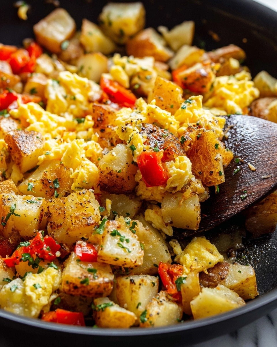 A close-up view of a cooked potato hash in a black pan set on a white marbled surface, showing roughly chopped golden potatoes with browned edges interspersed with small bright red bell pepper pieces and soft, fluffy yellow scrambled eggs mixed evenly throughout, black pepper and herbs sprinkled on top; a dark spatula lifts a portion revealing the texture of each ingredient. Photo taken with an iphone --ar 4:5 --v 7