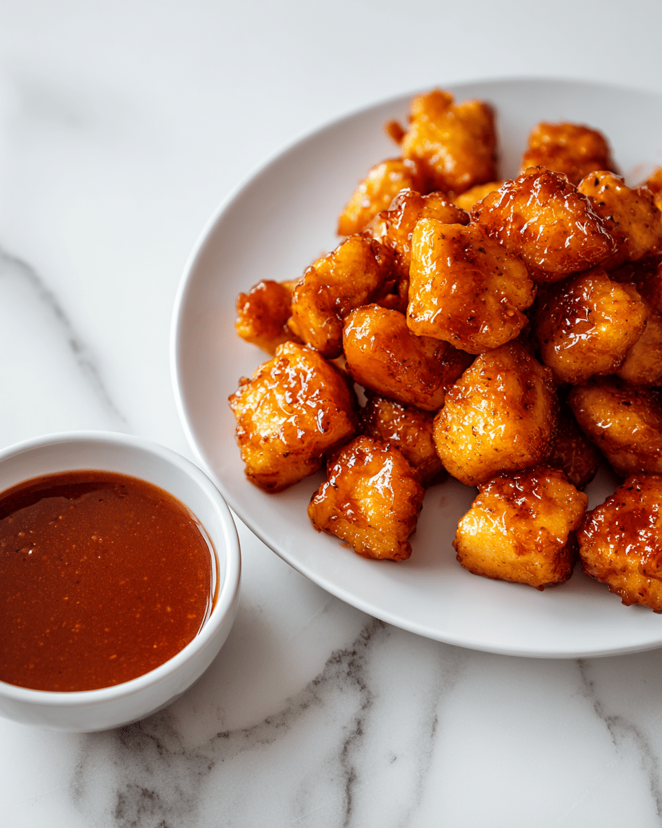 A white plate holds many small, golden-brown, glazed chicken pieces that look crispy and shiny from the sauce coating them. Next to the plate, there is a small white bowl filled with thick, reddish-brown dipping sauce with a smooth texture. Both the plate and bowl sit on a white marbled surface, creating a clean and fresh setting. The chicken pieces are cut into bite-sized cubes and arranged in a piled manner on the plate. photo taken with an iphone --ar 4:5 --v 7