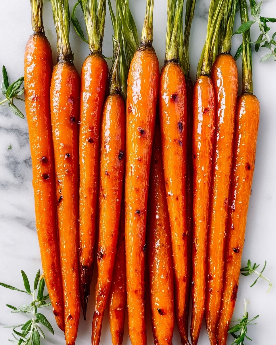 A row of ten shiny roasted whole carrots with green tops intact, laid side by side on a white marbled surface. The carrots have a bright orange color with a few darker roasted spots and a slightly glazed texture showing oil or seasoning. Sprigs of fresh green herbs frame the carrots on the left and right edges. The background is clean and bright, highlighting the colors of the carrots and herbs. Photo taken with an iphone --ar 4:5 --v 7
