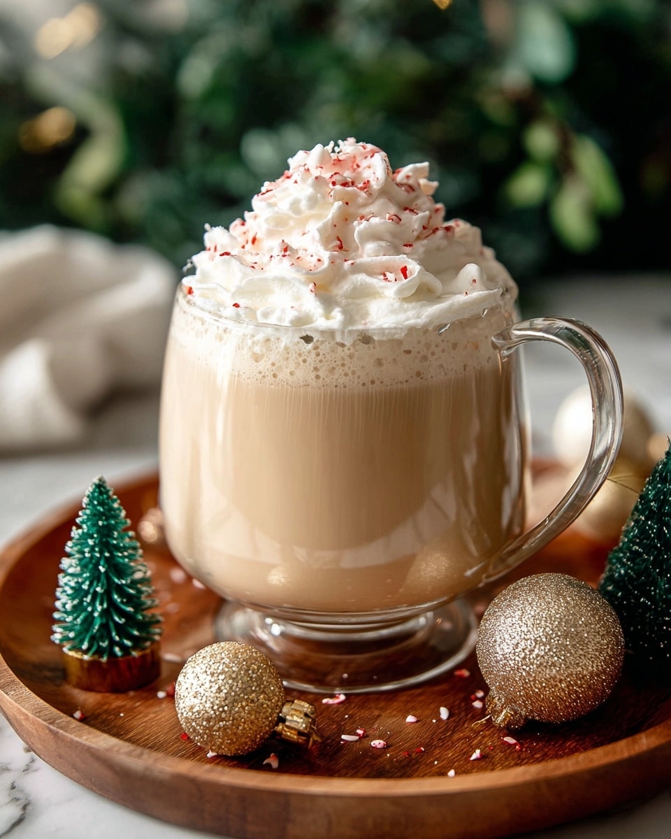 A clear glass mug filled with a light tan creamy drink, topped with a thick layer of white whipped cream that is sprinkled with small red sugar bits. The mug is placed on a round wooden tray with gold and beige Christmas ornaments and a small green pine tree decoration around it. The background shows blurred green foliage, and the entire setting rests on a white marbled surface. photo taken with an iphone --ar 4:5 --v 7