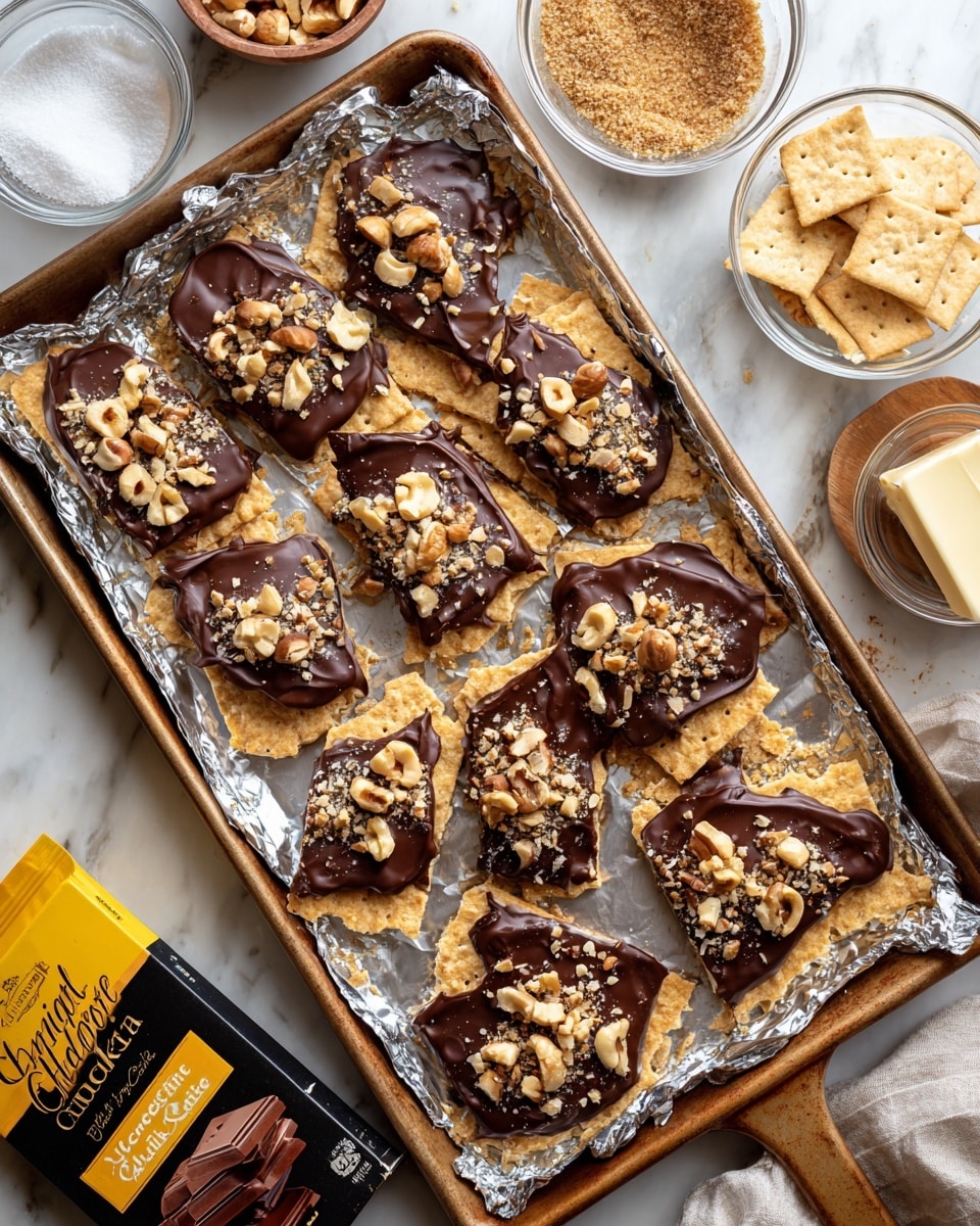 The image shows a baking tray lined with foil filled with irregular pieces of bark-like treat. Each piece has a base layer of golden crispy crackers. The middle layer is a smooth, thick, dark chocolate spread, topped with scattered chunks of nuts in light brown color. The tray is placed on a white marbled surface, next to several clear glass bowls with ingredients like brown sugar, chopped nuts, vanilla extract, and salt, along with a stick of butter and an open pack of crackers. There is also a yellow and black package of dark chocolate on the side. photo taken with an iphone --ar 4:5 --v 7