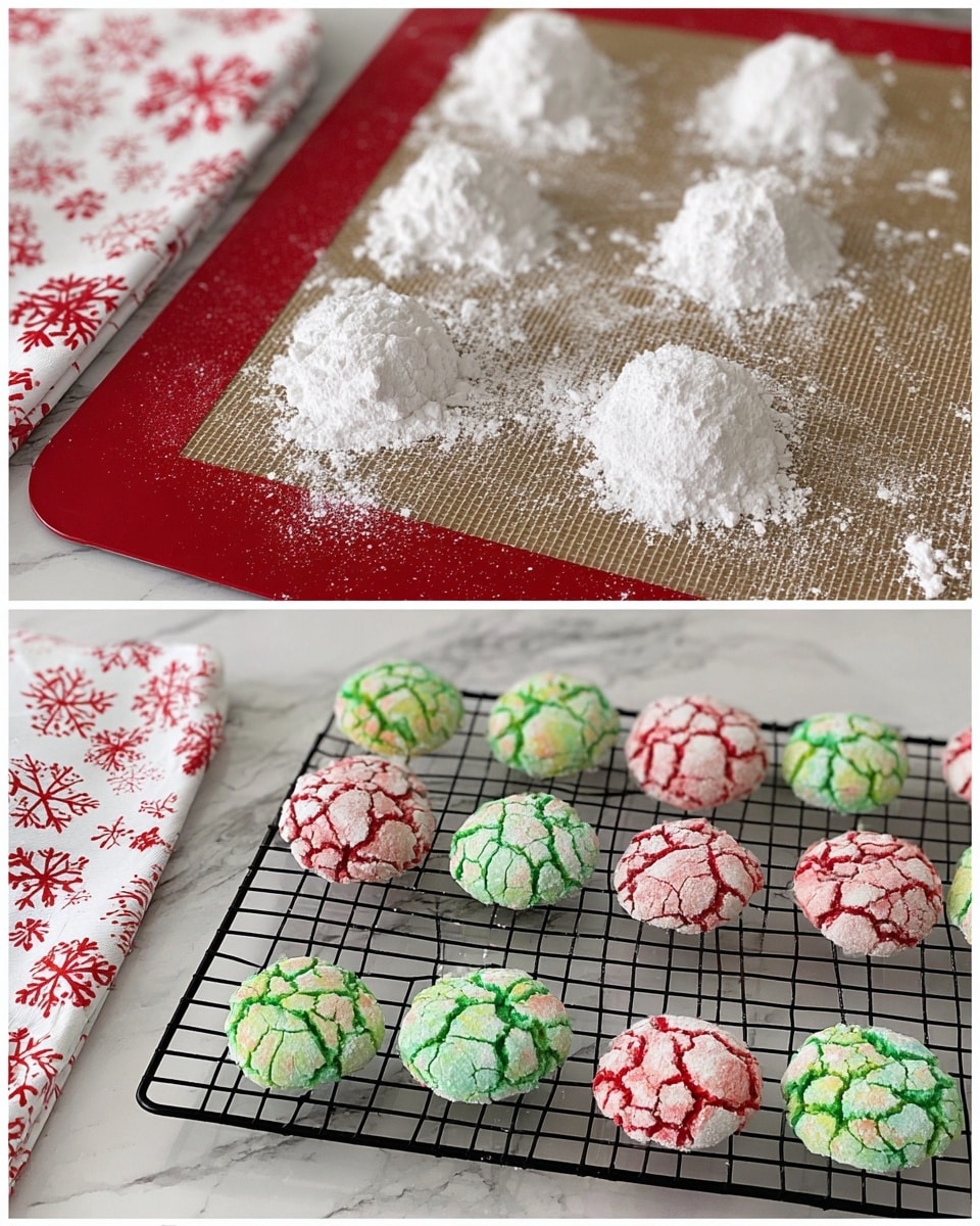 The image shows two stages of candy cane colored crinkle cookies. The top part shows rough dough balls lightly covered in white powdered sugar, with some red and green colors visible through the cracks, placed on a baking mat with a red border on a white marbled texture. The bottom part shows the finished cookies cooled on a black wire rack over a white marbled surface, arranged in three rows with alternating red and green cracked cookies, each dusted with powdered sugar to create a cracked pattern that reveals the bright color underneath. In the background, there is a white cloth with red festive snowflake patterns. Photo taken with an iphone --ar 4:5 --v 7