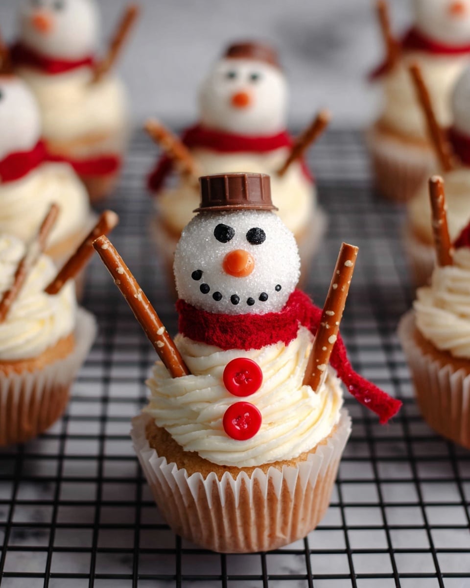 A white cupcake with cream swirled on top forms the base layer, decorated with sugar crystals. A large white marshmallow stands upright on the cream as the snowman's head, featuring small black eyes, a carrot-orange nose, and a black smiling mouth made of icing. Around the snowman's neck, there is a red licorice scarf wrapped neatly. Two small red candy buttons are placed vertically on the cream body below the marshmallow. Thin brown pretzel sticks are inserted sideways on each side of the cream to represent the snowman’s arms. The snowman wears a small brown chocolate piece tilted on top as a hat. The cupcakes are set on a white marbled surface, arranged on a black grid rack. Photo taken with an iphone --ar 4:5 --v 7