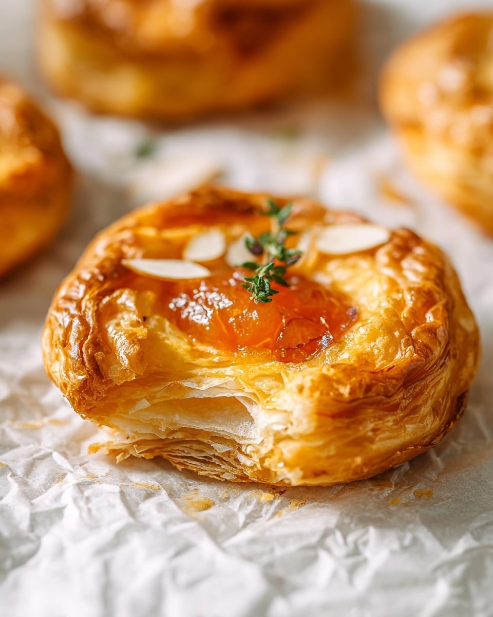 A close-up shows several puff pastry tarts on a white plate lined with crumpled parchment paper. Each tart has golden, flaky, and puffy edges folded up around a center filled with melted cheese that is orange and slightly browned on top. Thin, light almond slices and small green herb sprigs are scattered in the cheese filling. The pastries glisten with drops of clear honey or syrup on both the tarts and parchment, adding shine and texture. The plate is set on a white marbled surface. photo taken with an iphone --ar 4:5 --v 7