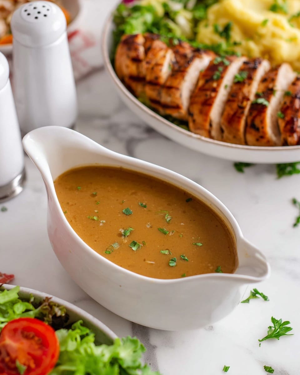 A white gravy boat filled with smooth brown gravy topped with small green herb pieces sits on a white marbled surface, in the background is a white bowl with sliced grilled chicken arranged in a neat row and garnished with green herbs; to the side of the chicken are light yellow mashed potatoes and a small portion of green leafy salad with a red tomato slice; also visible are two white salt and pepper shakers and scattered fresh green herbs around the scene. photo taken with an iphone --ar 4:5 --v 7
