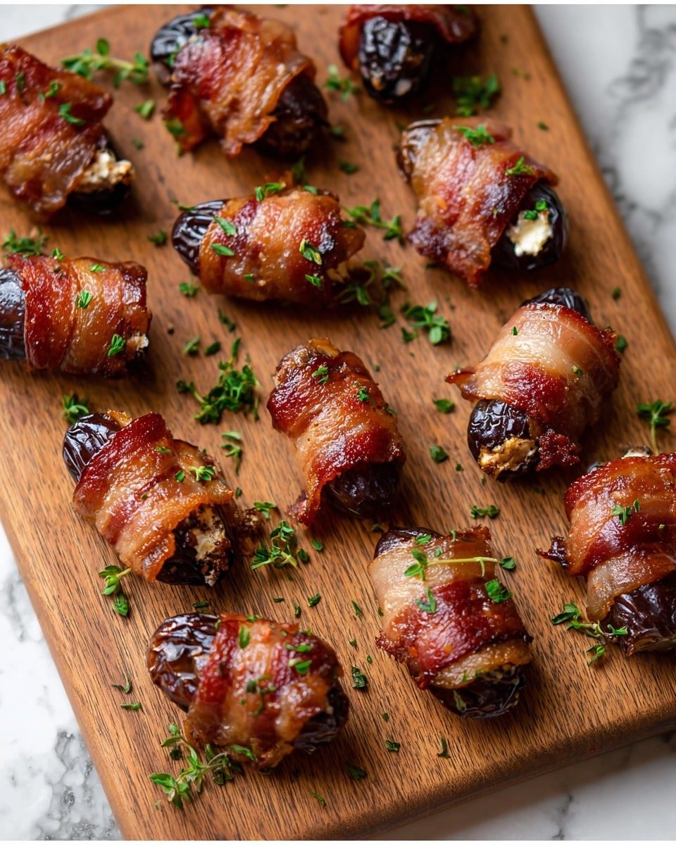 A wooden board holds twelve bacon-wrapped dates arranged evenly. Each date is dark brown and glossy, partially covered by a shiny, crispy layer of cooked bacon with a golden-brown color. Bits of soft white cheese peek from inside some dates, adding subtle contrast. The dates are sprinkled with small green herb leaves, scattered over the bacon and wooden board. The surface beneath the board is a white marbled texture, adding a clean, bright backdrop. The photo is brightly lit, highlighting the textures of the bacon and dates. photo taken with an iphone --ar 4:5 --v 7