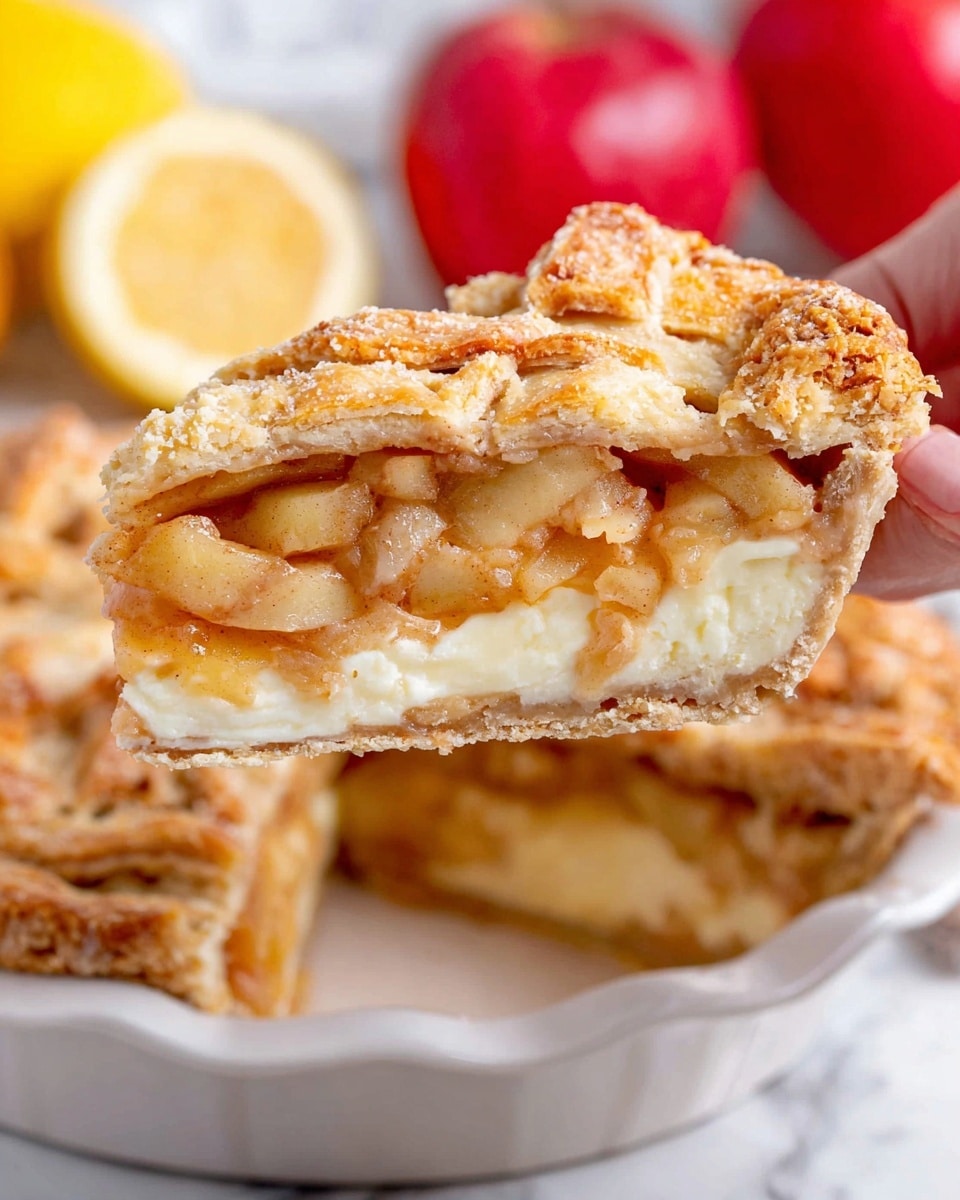 A close-up view of a dessert with three clear layers: the bottom layer is light yellow and fluffy cake, the middle layer is a syrup-soaked mix of golden-brown bread pieces, and the top layer is white ice cream starting to melt and drip down the sides. There is a fork with a bite-sized piece of the dessert on the right side, showing the soft texture. The dish is on a white plate with a white marbled texture beneath it and a red striped cloth partially visible in the corner. Photo taken with an iphone --ar 4:5 --v 7