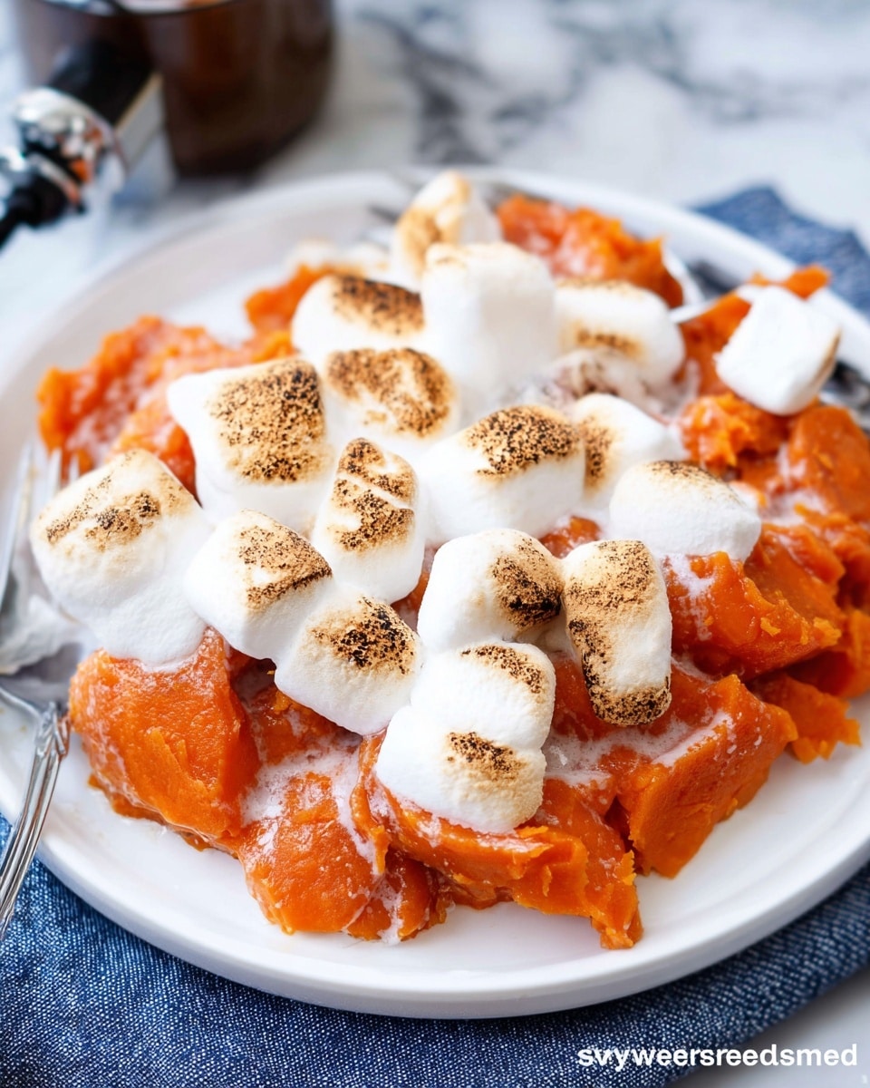 A white plate holds a serving of cooked sweet potatoes, bright orange in color with a soft and slightly chunky texture. On top, there is a layer of white marshmallows that have been toasted to a light golden brown, showing some charred spots. The marshmallows are unevenly spread, melting slightly and blending into the sweet potatoes. The plate is on a blue and white cloth, and part of a kitchen torch is visible near the plate, slightly out of focus. The background is a white marbled texture. photo taken with an iphone --ar 4:5 --v 7