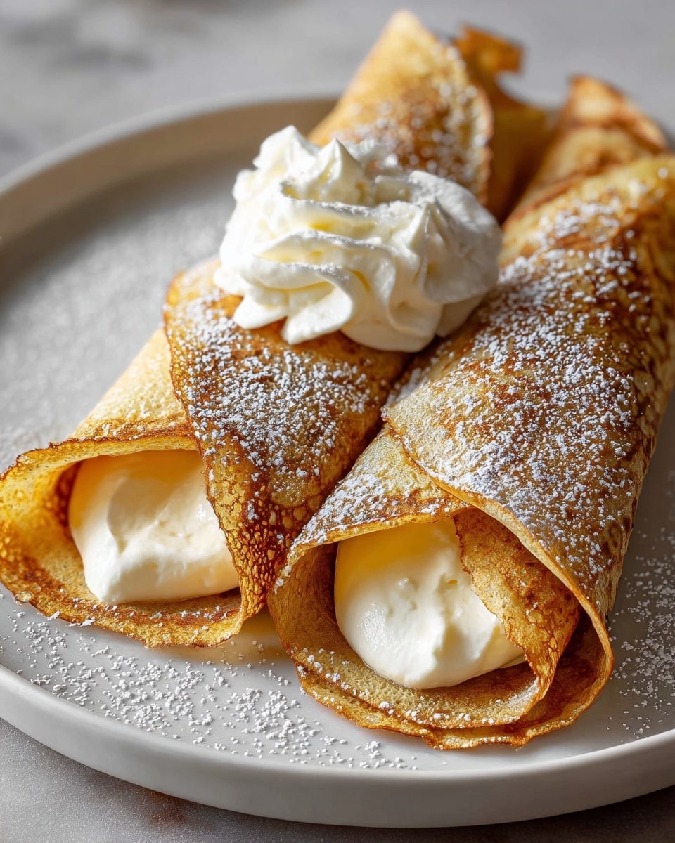 Three rolled crepes are placed side by side on a white plate, each crepe showing a golden-brown color with darker spots from cooking. Inside the crepes, there is a creamy white filling that slightly peeks out at the edges. The crepes are dusted with powdered sugar, adding a fine white layer on top, and one crepe has a swirl of whipped cream placed on it near the center. The plate sits on a white marbled surface, capturing a cozy and warm feel. photo taken with an iphone --ar 4:5 --v 7