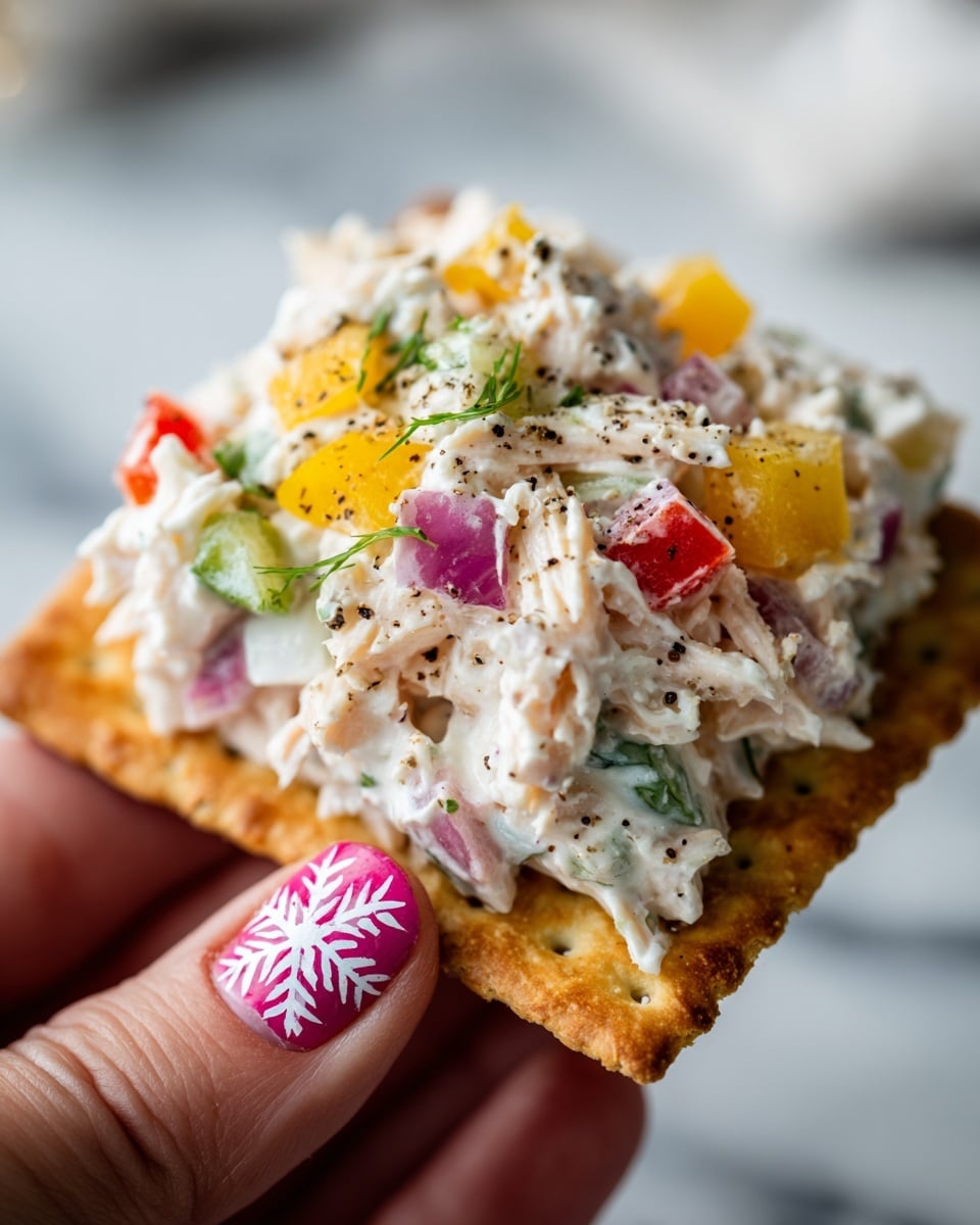 A clear glass bowl filled with a mixed salad showing three main layers: a base of shredded white chicken, scattered with bright red tomato pieces, yellow corn kernels, and thin slices of purple onion, all coated in a creamy white dressing. There are visible chunks of white cheese and thin slices of reddish-brown cured meat mixed throughout, giving a mix of smooth and slightly textured appearances. A golden spoon rests inside the bowl, partially covered by the salad. The bowl sits on a white marbled surface. photo taken with an iphone --ar 4:5 --v 7
