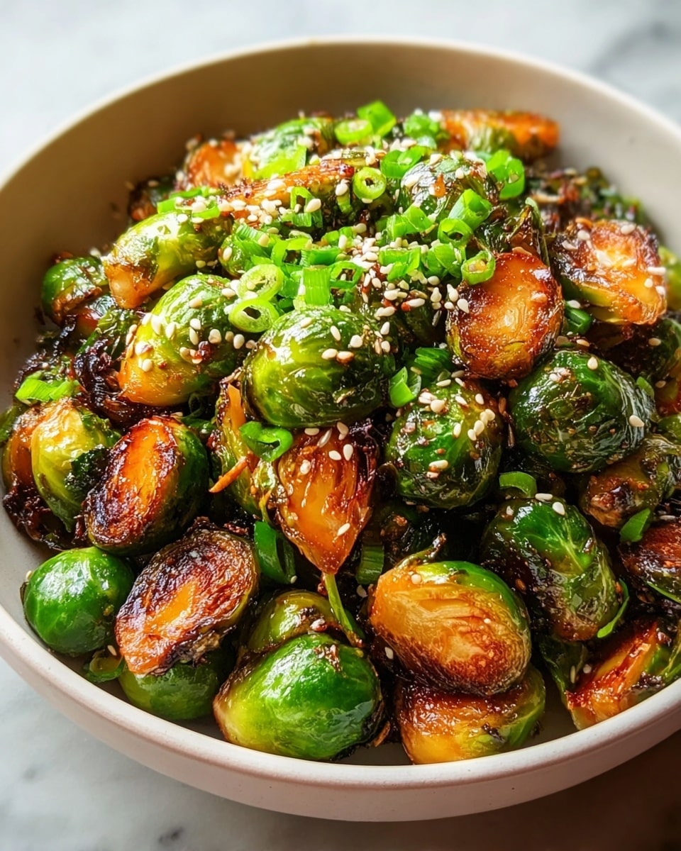 The image shows a white bowl filled with roasted Brussels sprouts that have a caramelized, glossy brown and green surface, giving them a slightly crispy and juicy look. The Brussels sprouts are coated with a shiny glaze and sprinkled generously with white and black sesame seeds, adding a textured contrast. Bright green chopped scallions are scattered on top, adding a fresh color accent. The bowl sits on a white marbled textured surface with a soft blurred background that highlights the dish's vibrant colors. photo taken with an iphone --ar 4:5 --v 7